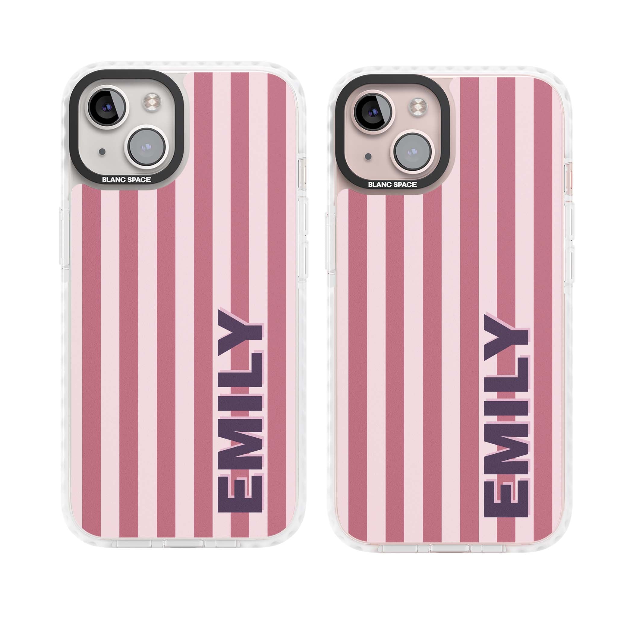 Victoria Stripe personalised iPhone case featuring pink vertical stripes and custom name in bold plum lettering | Clear Impact case for iPhone 13, iPhone 14, iPhone 15
