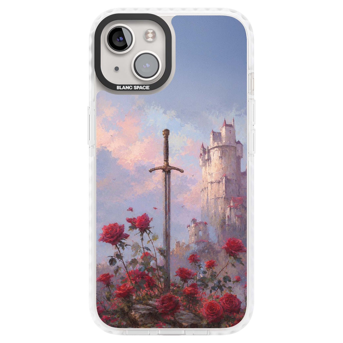 Sword in Roses medieval art iPhone case featuring a sword, red roses, and a misty fairytale castle at sunset | Clear Impact case for iPhone 13, iPhone 14, iPhone 15