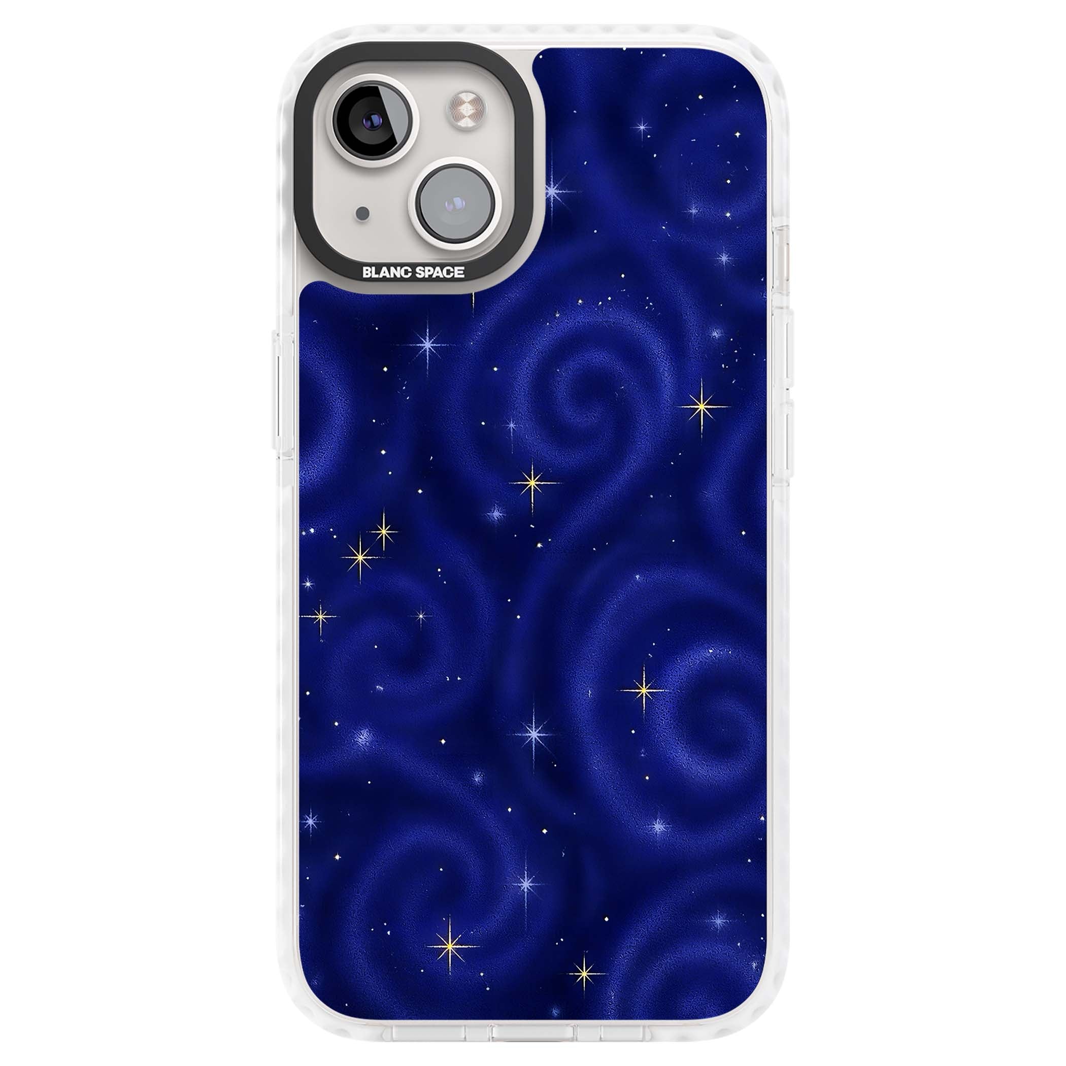Indigo Cosmos celestial iPhone case featuring swirling navy night sky and sparkling golden stars | Clear Impact case for iPhone 13, iPhone 14, iPhone 15