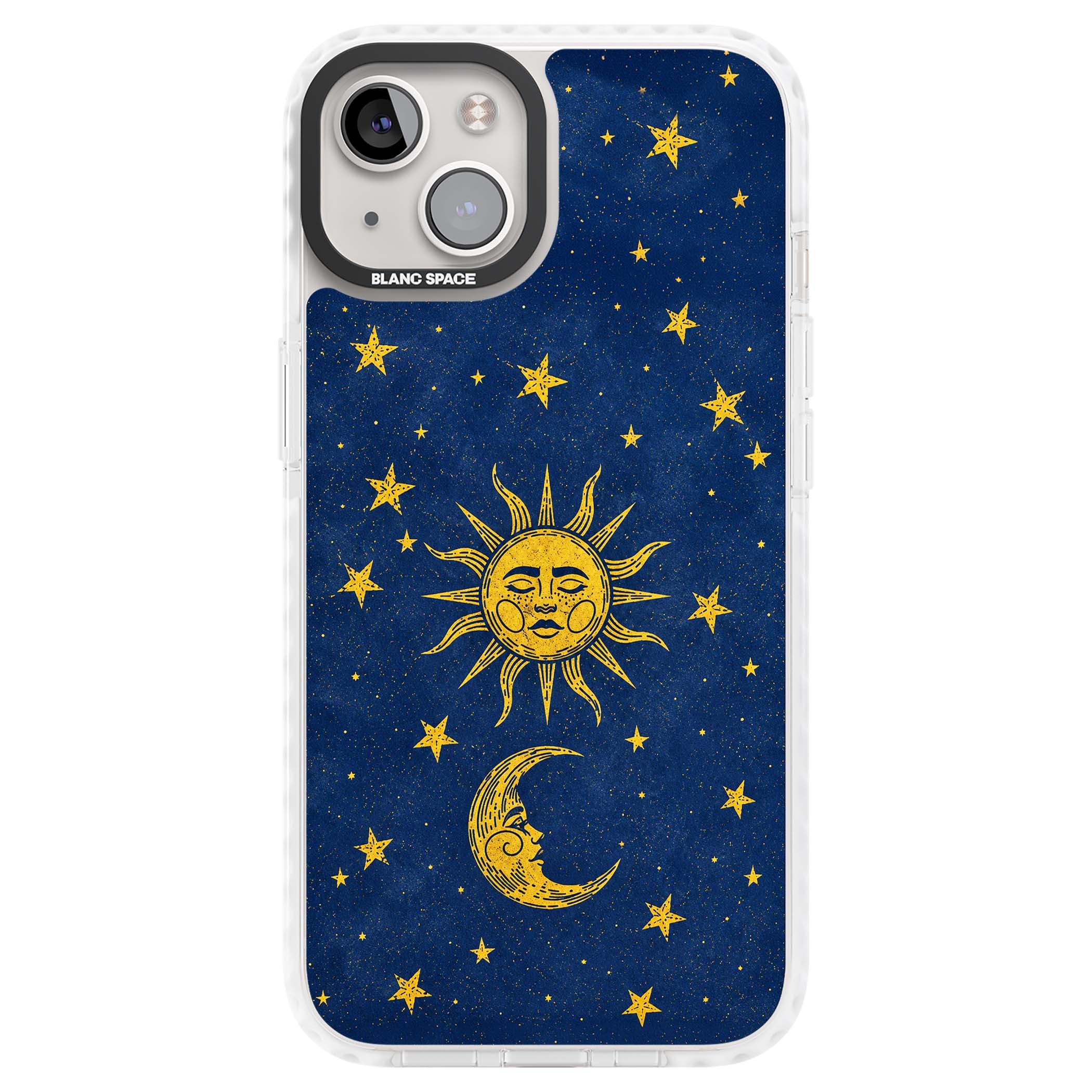 Sun & Moon Reverie celestial iPhone case featuring a vintage golden sun, crescent moon and scattered stars on midnight blue | Clear Impact case for iPhone 13, iPhone 14, iPhone 15