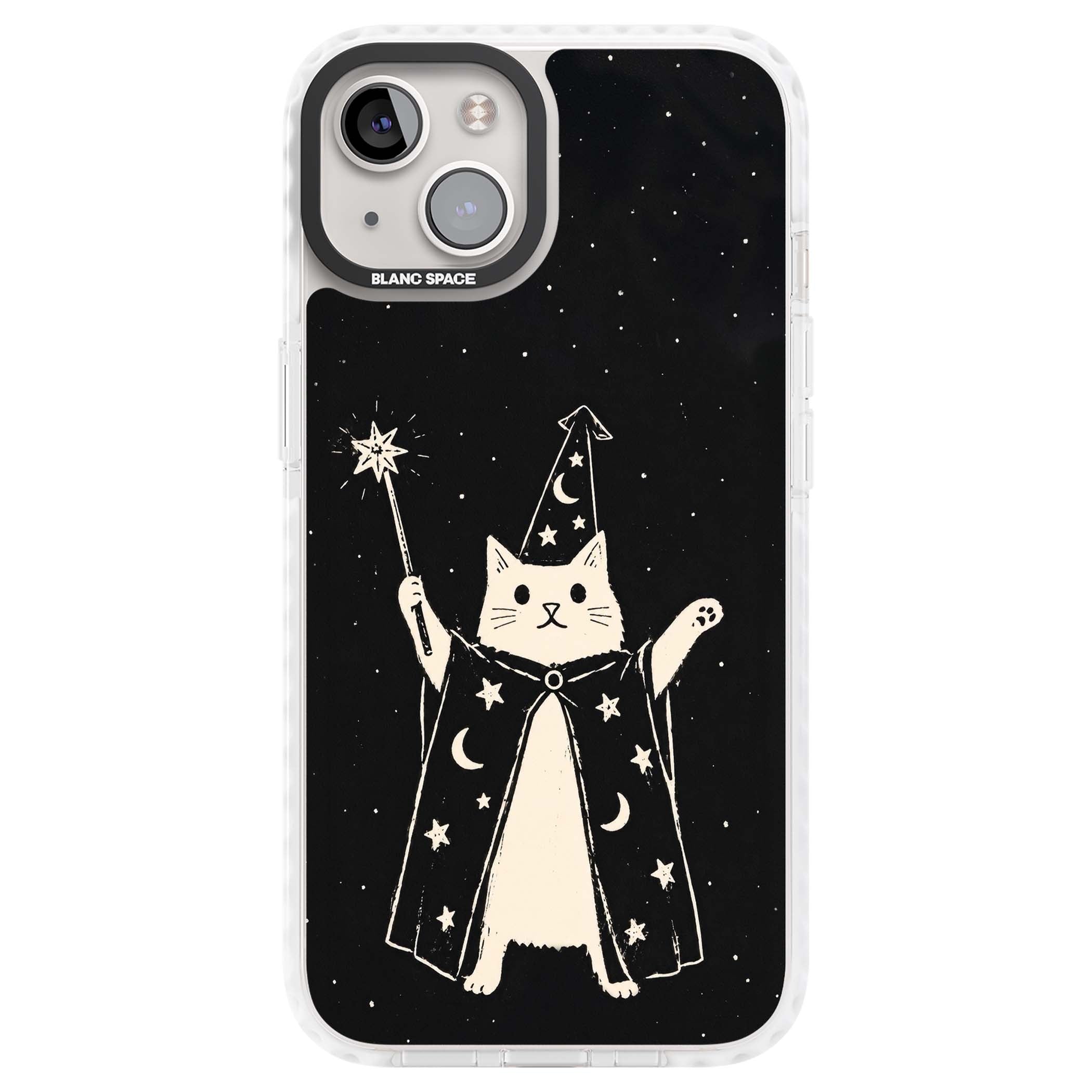 Whisker Wizard celestial cat iPhone case featuring a wizard cat with magic wand, starry night sky and crescent moons | Clear Impact case for iPhone 13, iPhone 14, iPhone 15