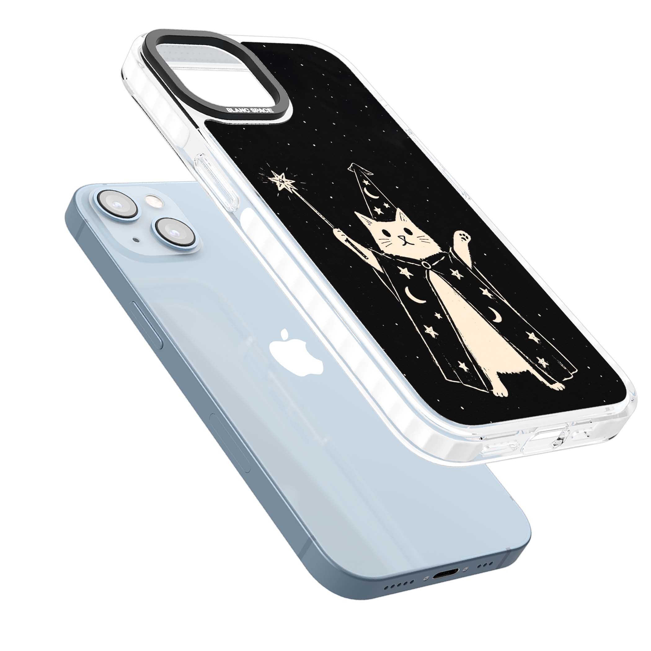 Whisker Wizard celestial cat iPhone case featuring a wizard cat with magic wand, starry night sky and crescent moons | Clear Impact case for iPhone 13, iPhone 14, iPhone 15