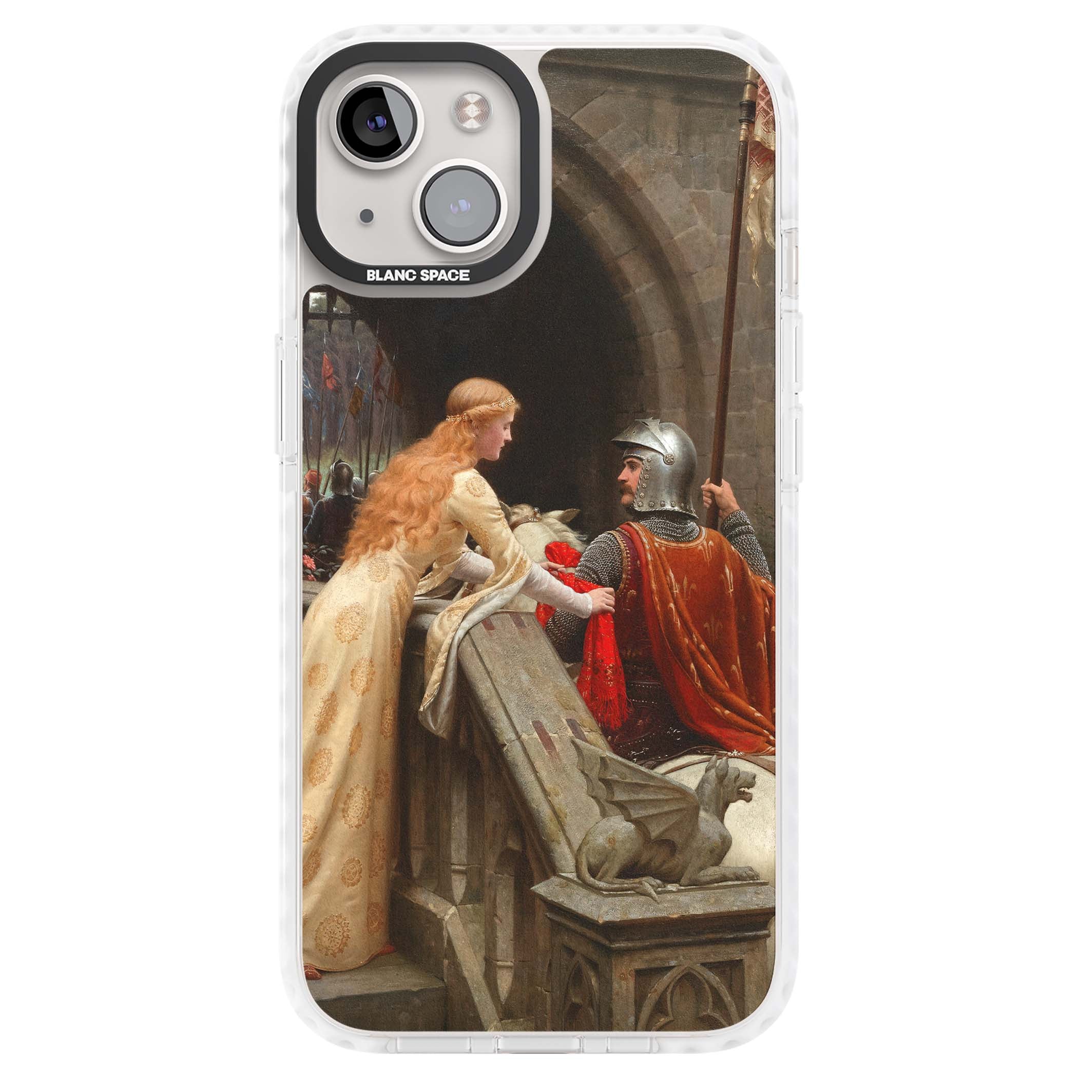 God Speed fine art iPhone case featuring Edmund Blair Leighton's medieval knight and lady beneath a stone archway | Clear Impact case for iPhone 13, iPhone 14, iPhone 15