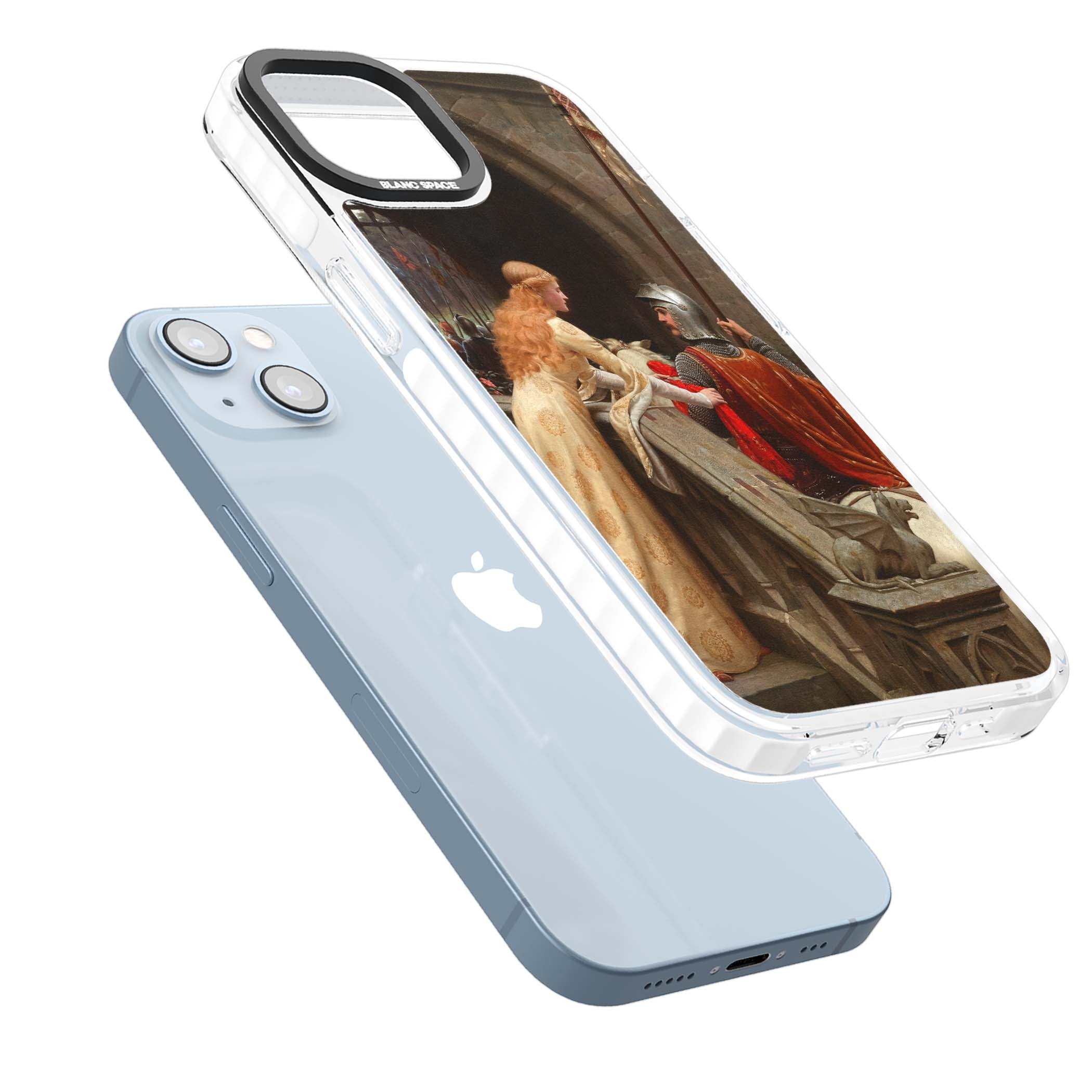 God Speed fine art iPhone case featuring Edmund Blair Leighton's medieval knight and lady beneath a stone archway | Clear Impact case for iPhone 13, iPhone 14, iPhone 15
