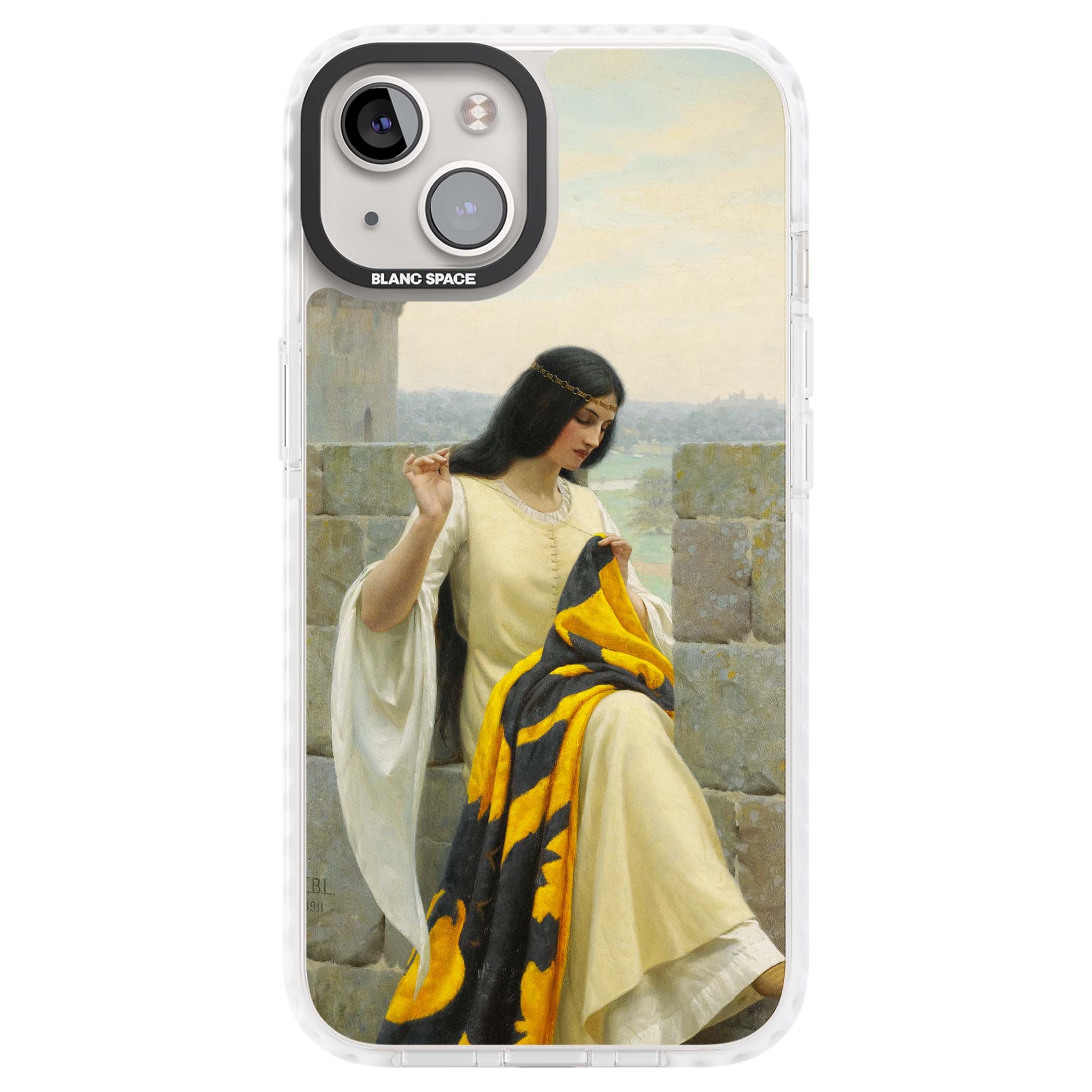 Stitching the Standard renaissance art iPhone case featuring a medieval lady sewing a golden banner on a castle wall | Clear Impact case for iPhone 13, iPhone 14, iPhone 15