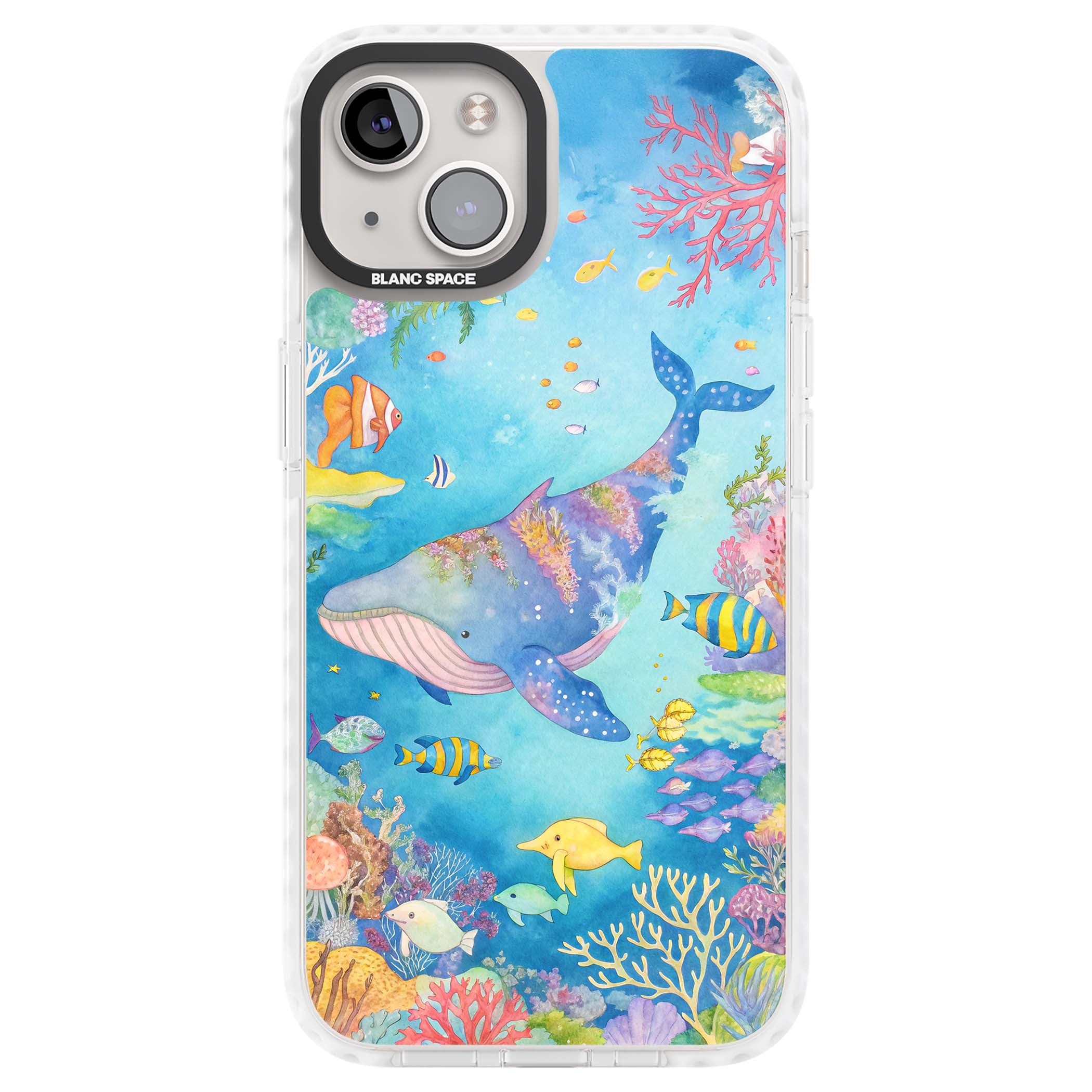 Coral Lagoon ocean iPhone case featuring a watercolour whale, coral reef and tropical fish | Clear Impact case for iPhone 13, iPhone 14, iPhone 15