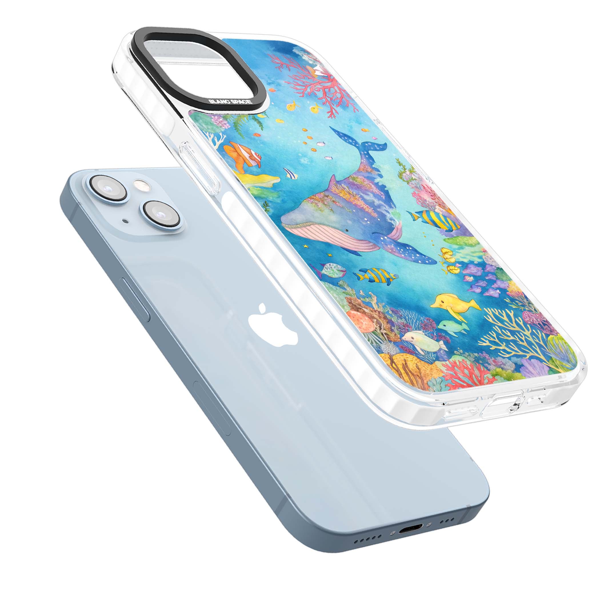 Coral Lagoon ocean iPhone case featuring a watercolour whale, coral reef and tropical fish | Clear Impact case for iPhone 13, iPhone 14, iPhone 15