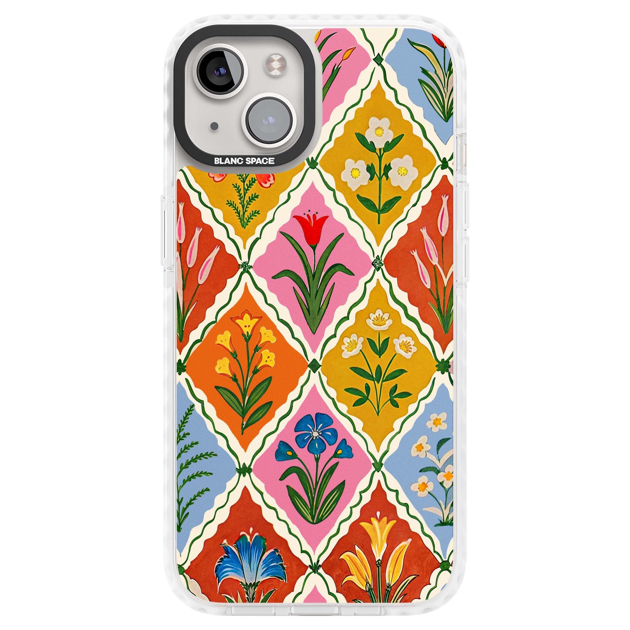 Floral Quilt boho floral iPhone case featuring diamond lattice pattern, hand-painted tulips and folk art wildflowers | Clear Impact case for iPhone 13, iPhone 14, iPhone 15