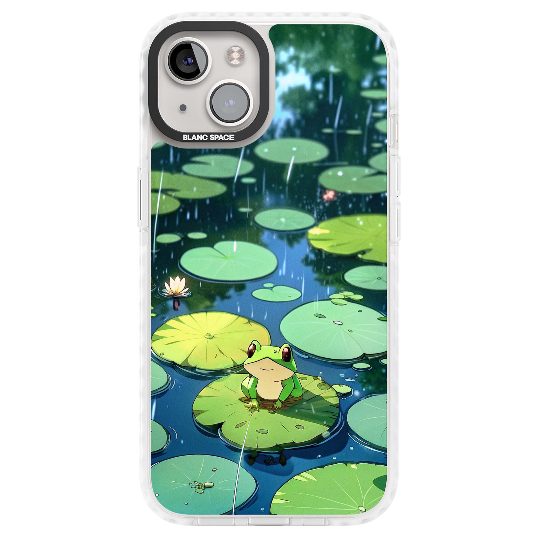 Frog In Lily Pond cottagecore iPhone case featuring a cute green frog on a lily pad with falling rain and a lotus flower | Clear Impact case for iPhone 13, iPhone 14, iPhone 15