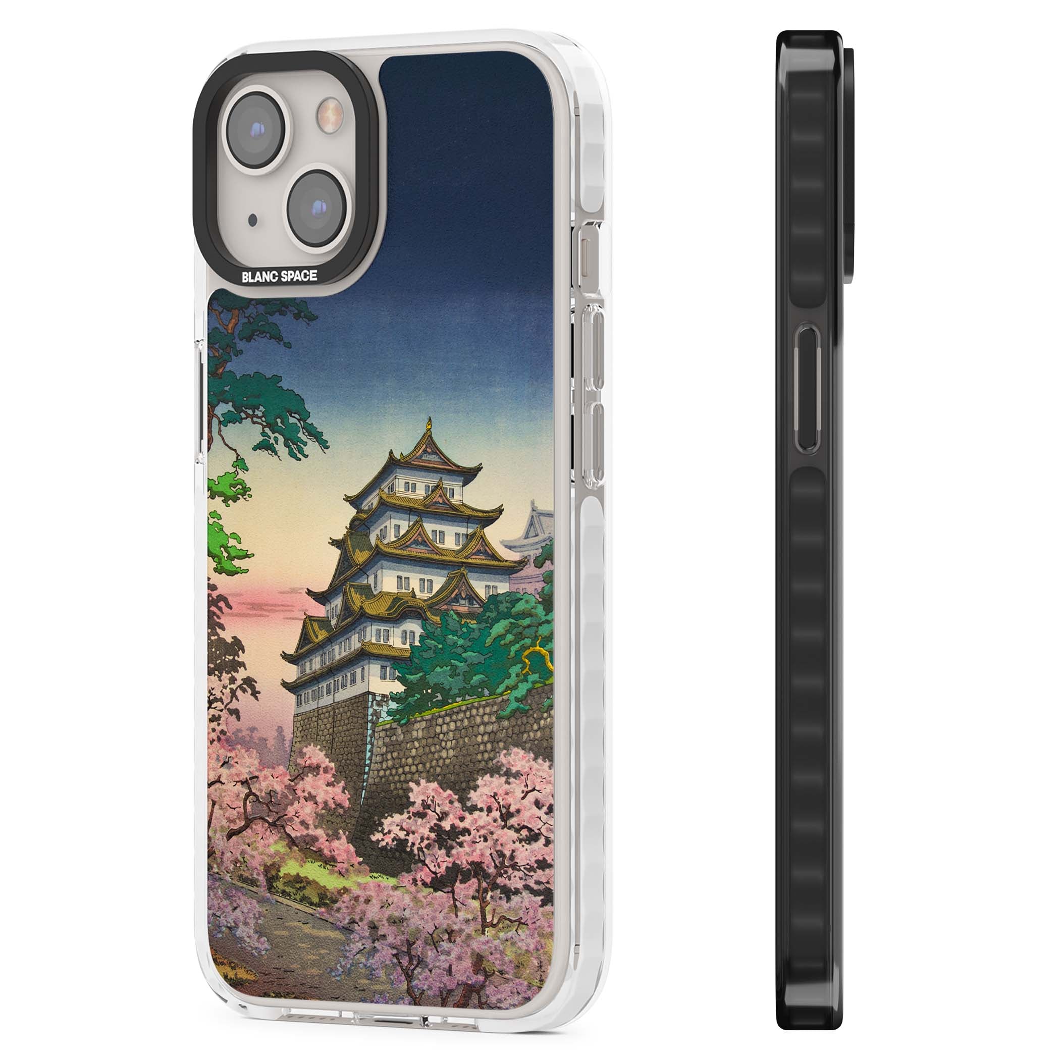 Nagoya Castle Japanese iPhone case featuring a vintage pagoda, twilight sky and cherry blossom trees | Clear Impact case for iPhone 13, iPhone 14, iPhone 15