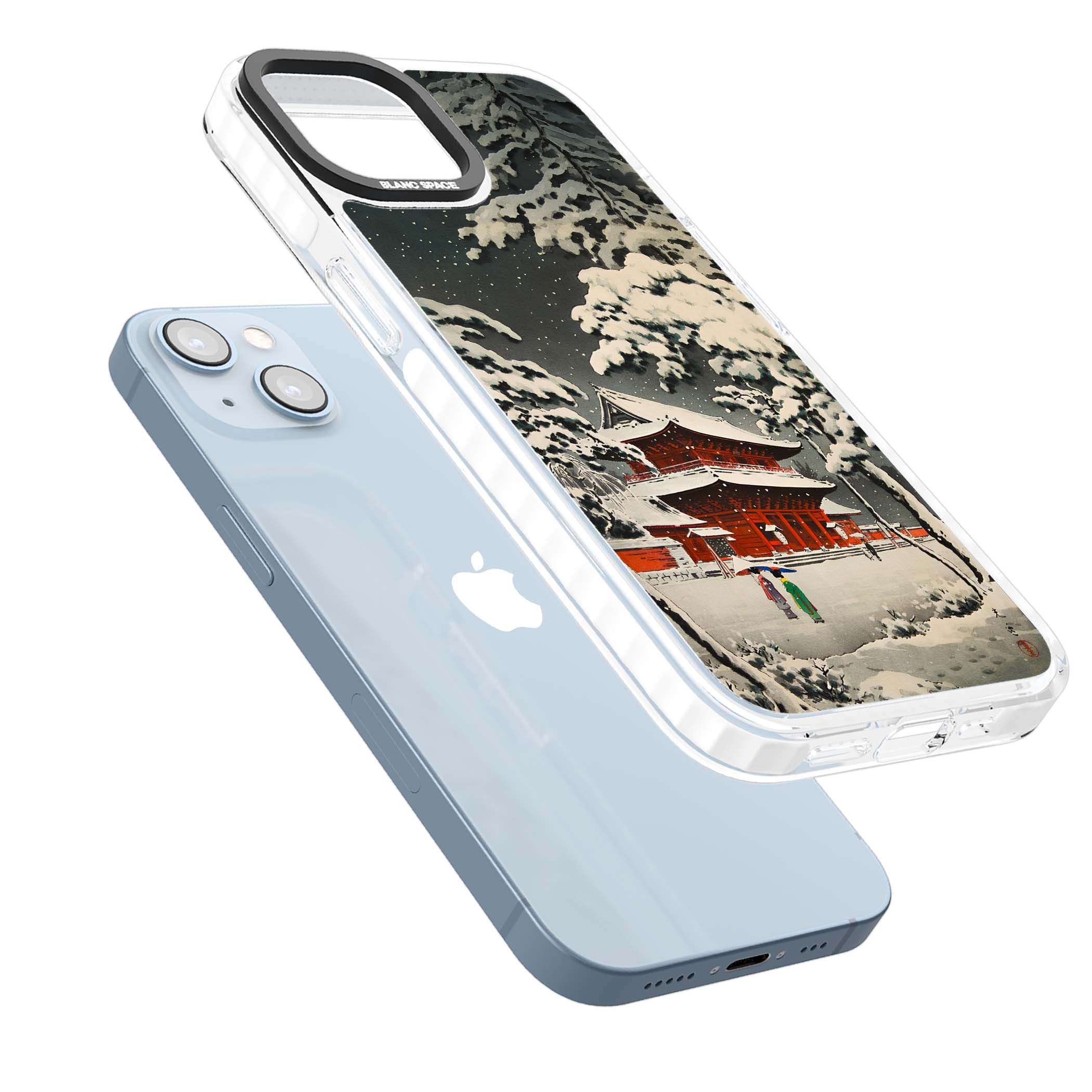 Snow at Shiha Park, Tokyo Japanese art iPhone case featuring a vintage ukiyo-e snowy temple, red pagoda, and snow-covered pin | Clear Impact case for iPhone 13, iPhone 14, iPhone 15
