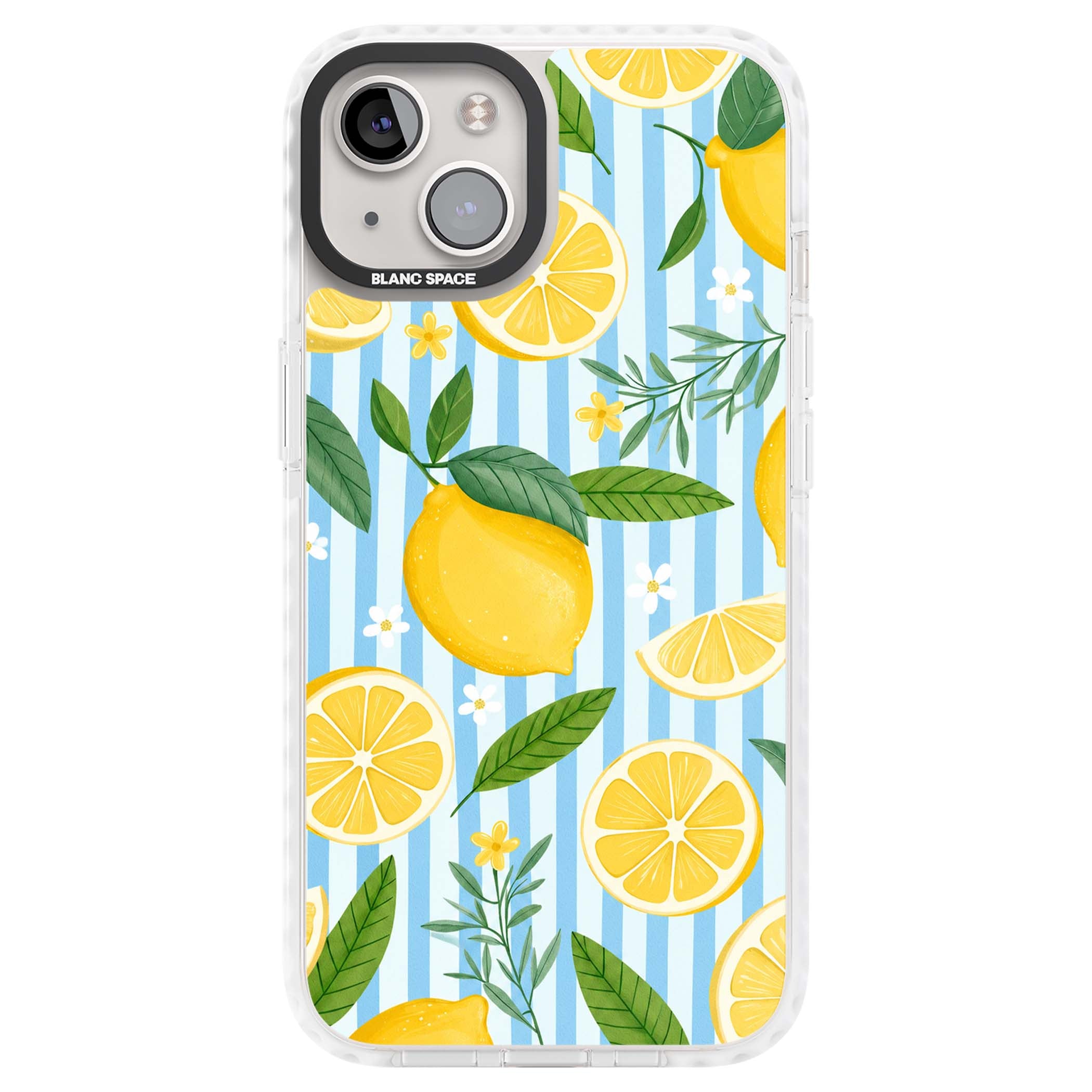 Capri Citrus Stripe coastal iPhone case featuring yellow lemons, blue stripes, and white daisy blossoms | Clear Impact case for iPhone 13, iPhone 14, iPhone 15