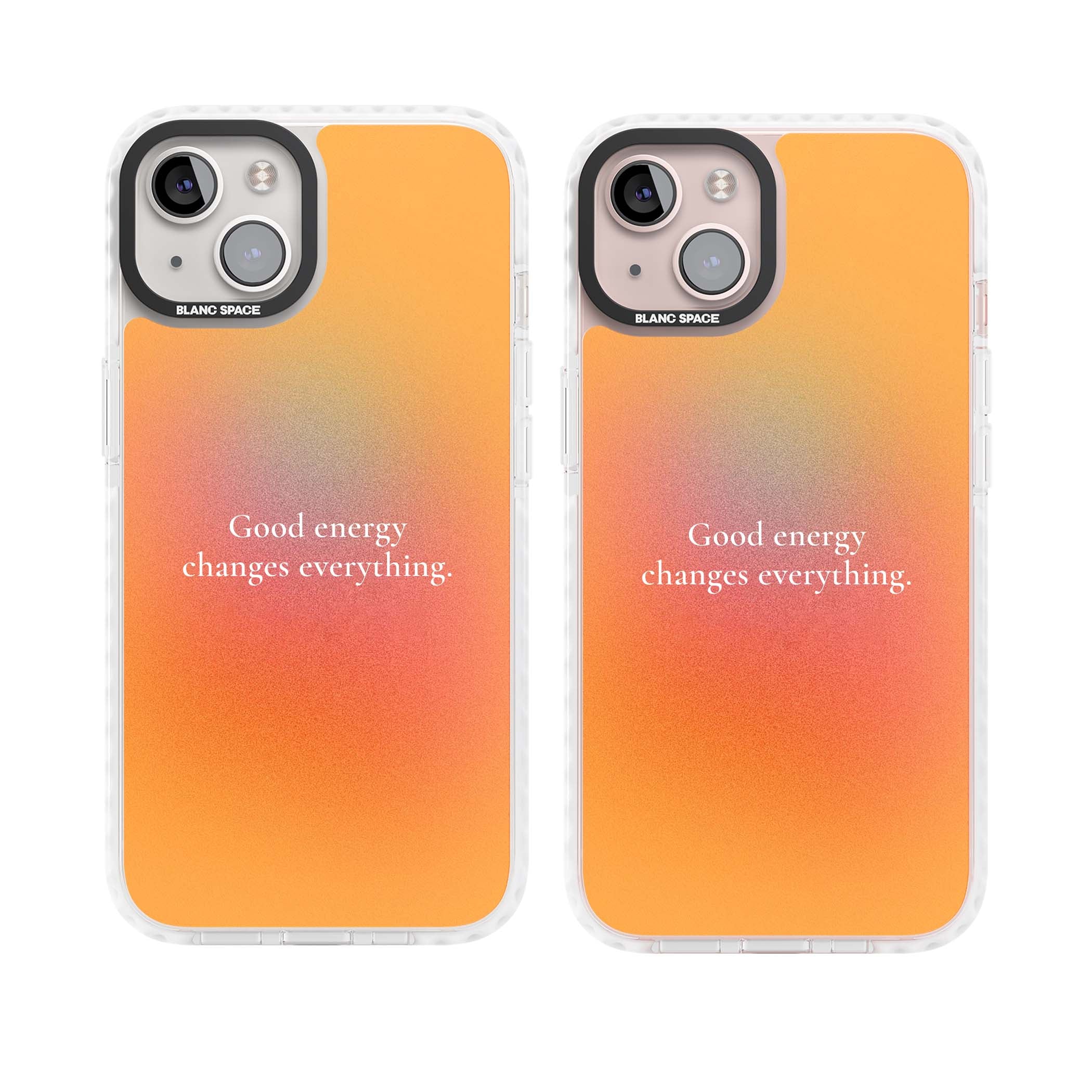 Good Energy quote iPhone case featuring an orange and pink aura gradient with white serif affirmation text | Impact Magsafe case for iPhone 13, iPhone 14, iPhone 15