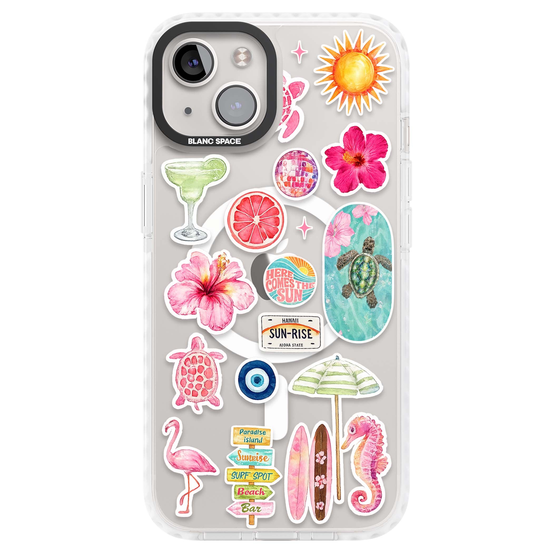 Aloha Sticker Mix tropical summer iPhone case featuring pink hibiscus, sea turtles, flamingo and beach umbrella stickers | Impact Magsafe case for iPhone 13, iPhone 14, iPhone 15