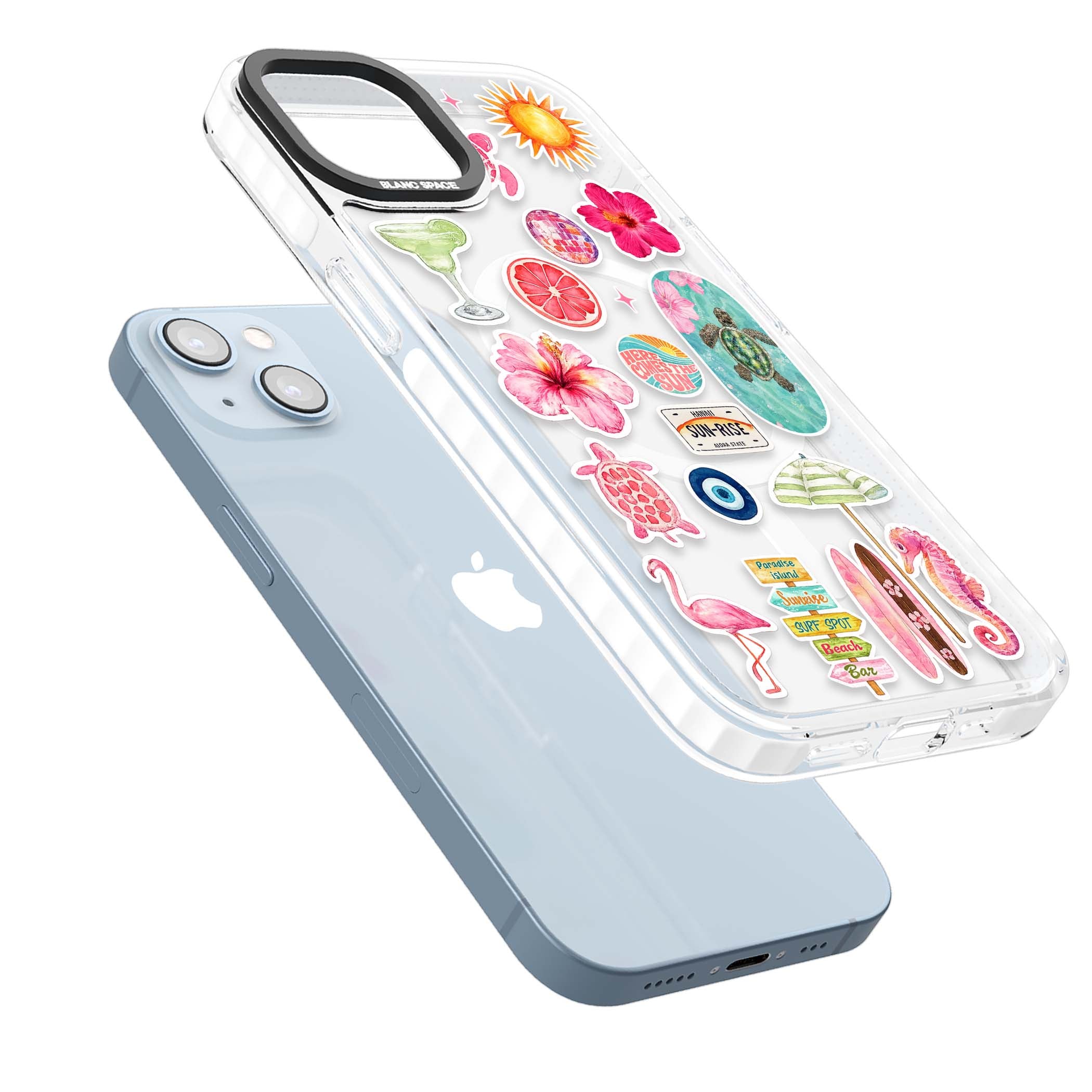 Aloha Sticker Mix tropical summer iPhone case featuring pink hibiscus, sea turtles, flamingo and beach umbrella stickers | Impact Magsafe case for iPhone 13, iPhone 14, iPhone 15