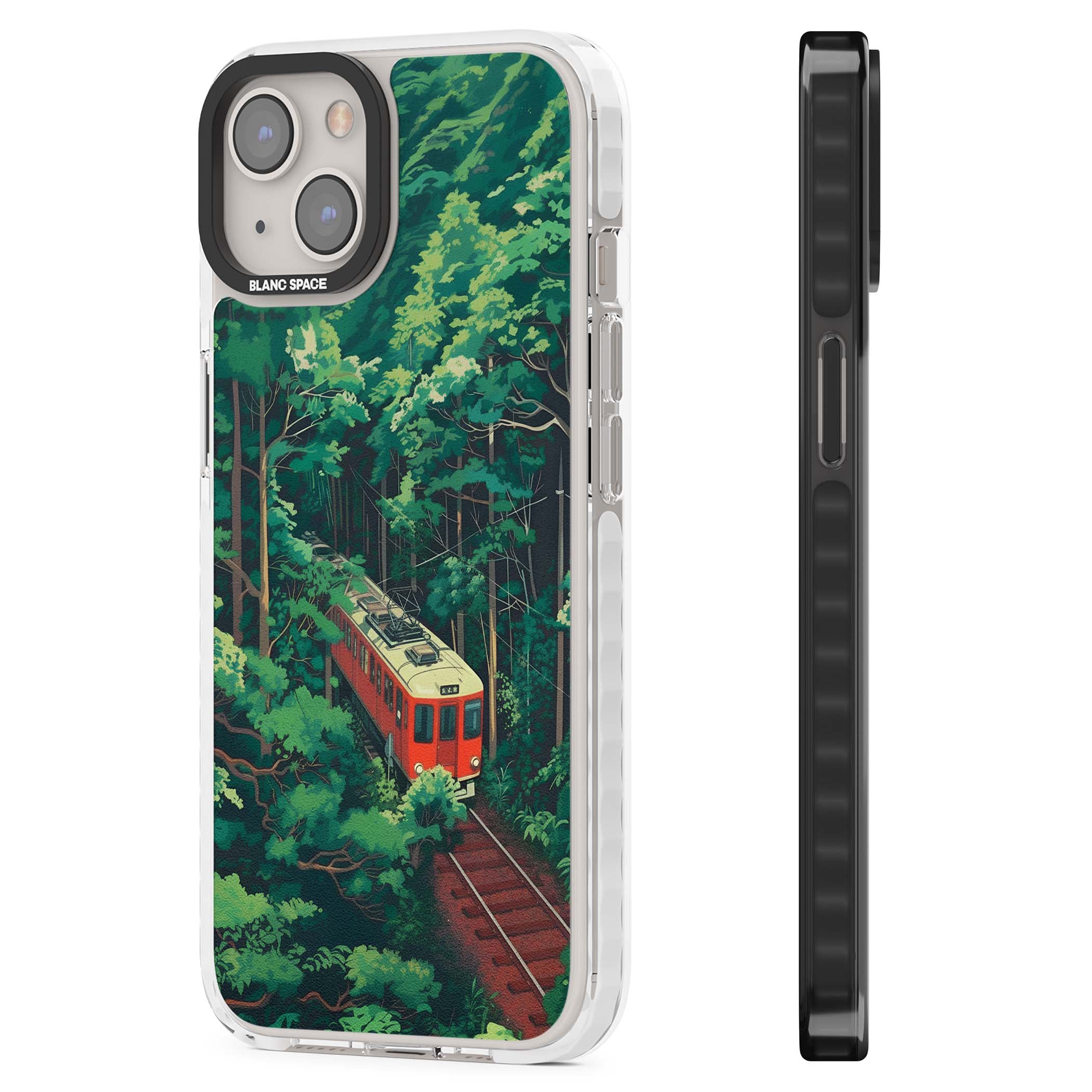 Railway In Toyama Japanese iPhone case featuring a red train, cedar forest and winding mountain railway tracks | Impact Magsafe case for iPhone 13, iPhone 14, iPhone 15