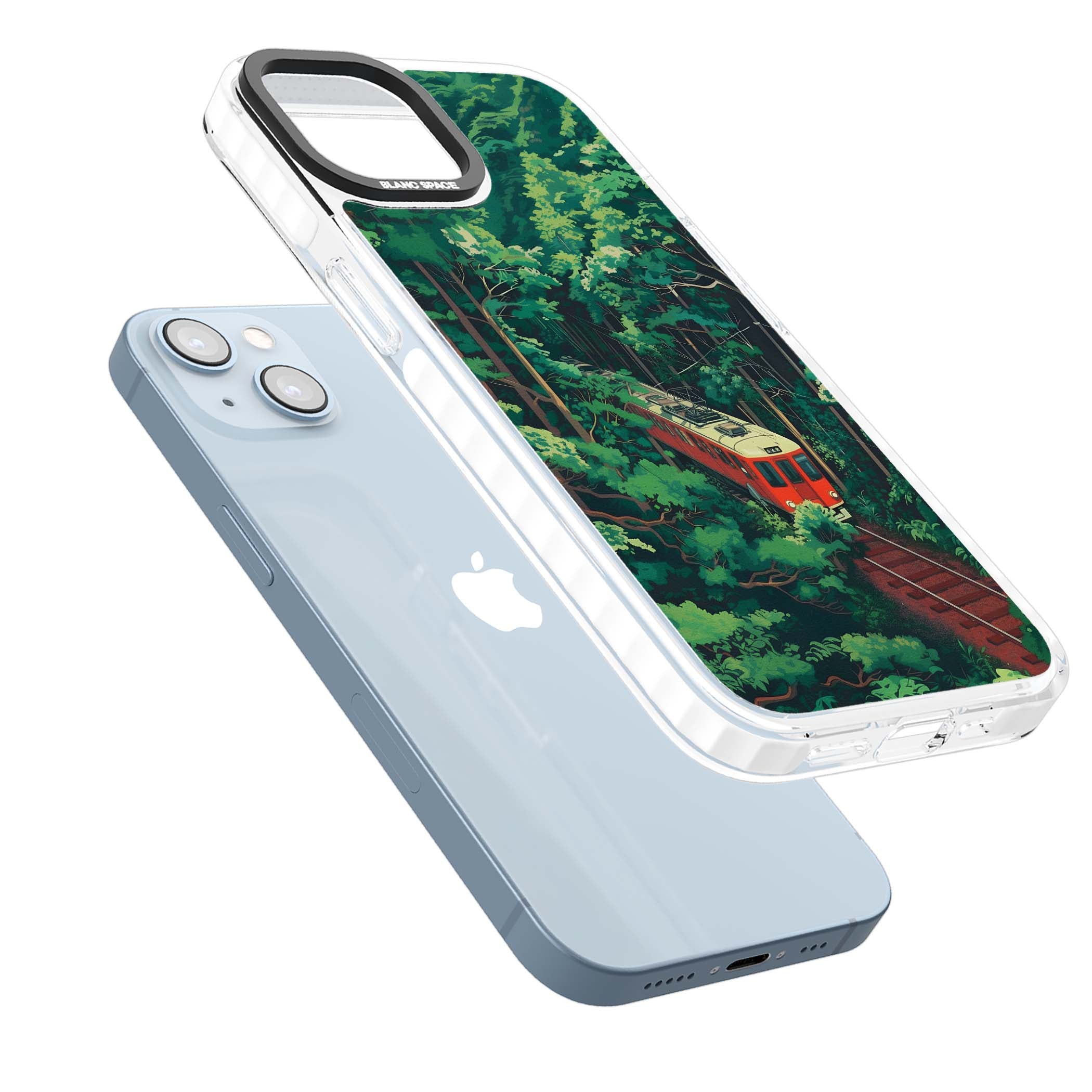 Railway In Toyama Japanese iPhone case featuring a red train, cedar forest and winding mountain railway tracks | Impact Magsafe case for iPhone 13, iPhone 14, iPhone 15