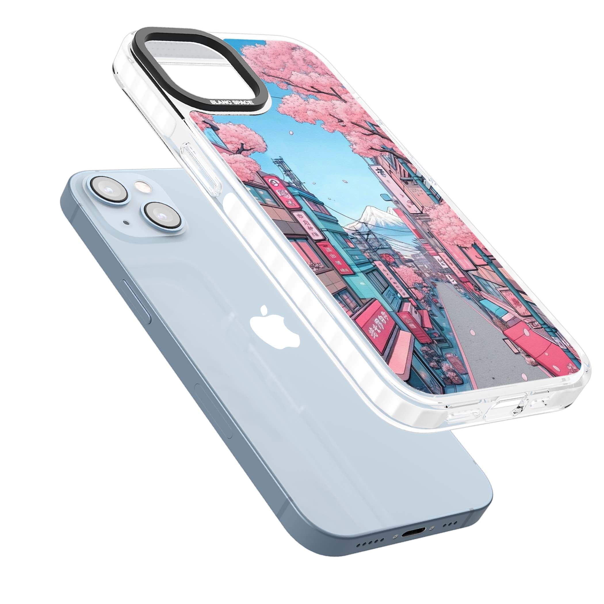 Sakura Lane anime iPhone case featuring Tokyo street scene with cherry blossoms and Mount Fuji | Impact Magsafe case for iPhone 13, iPhone 14, iPhone 15