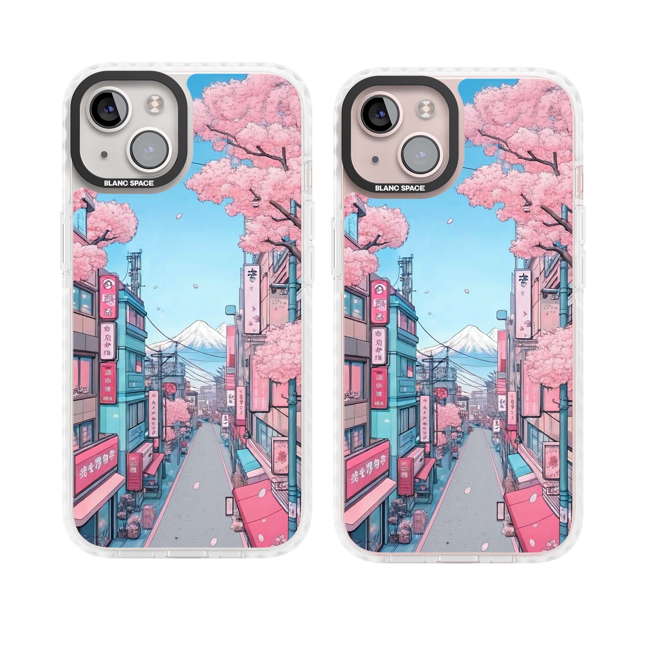 Sakura Lane anime iPhone case featuring Tokyo street scene with cherry blossoms and Mount Fuji | Impact Magsafe case for iPhone 13, iPhone 14, iPhone 15