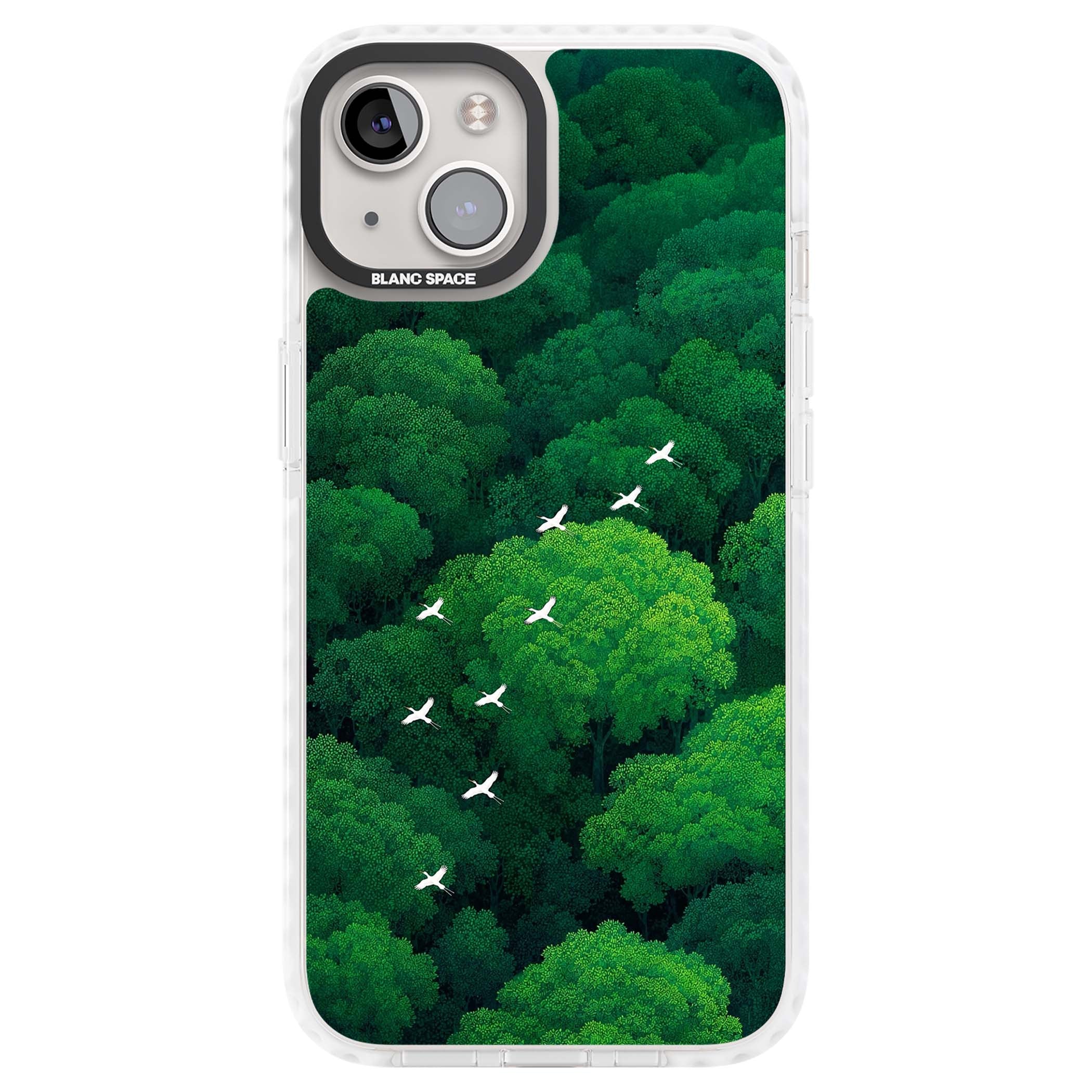 Grove Migration forest iPhone case featuring white cranes flying over lush green treetop canopy | Impact Magsafe case for iPhone 13, iPhone 14, iPhone 15