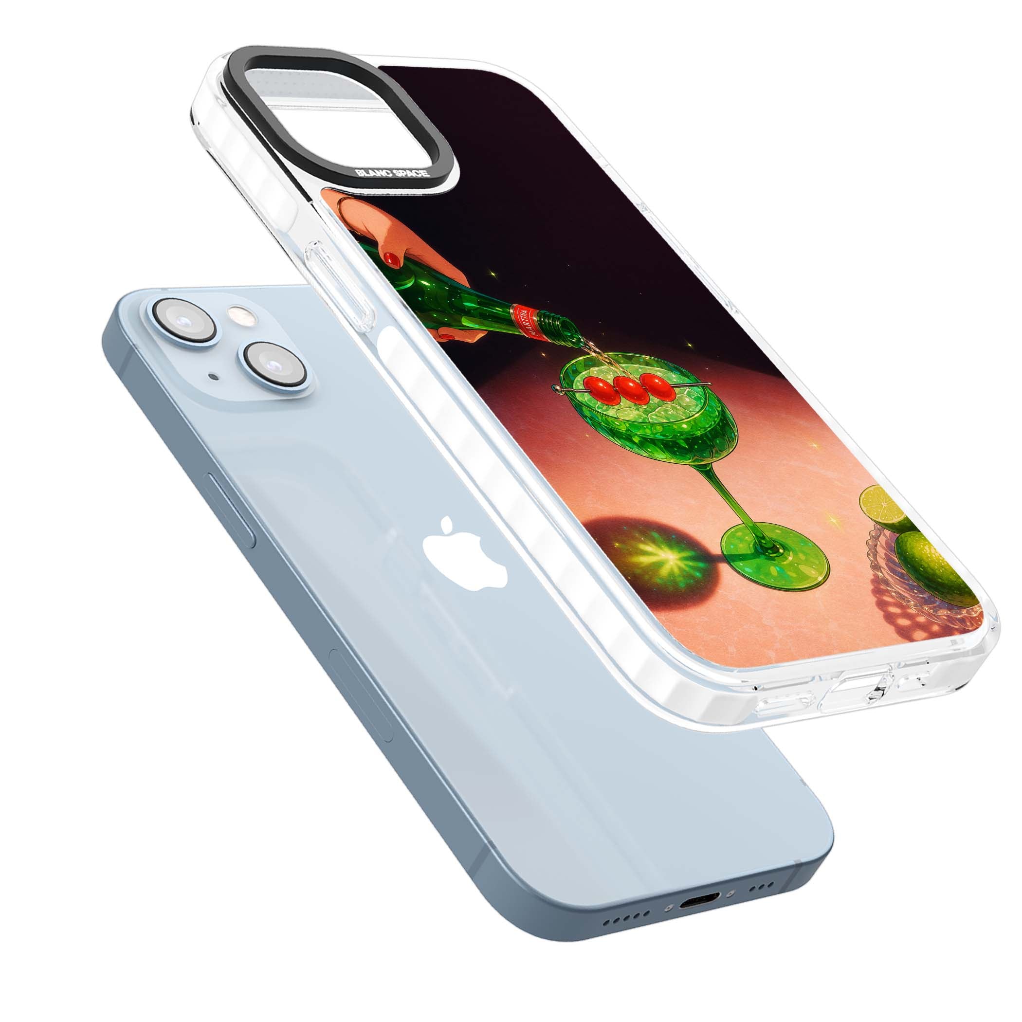 Absinthe Hour cocktail iPhone case featuring a green coupe glass, cherry garnish and vintage bottle pour illustration | Impact Magsafe case for iPhone 13, iPhone 14, iPhone 15