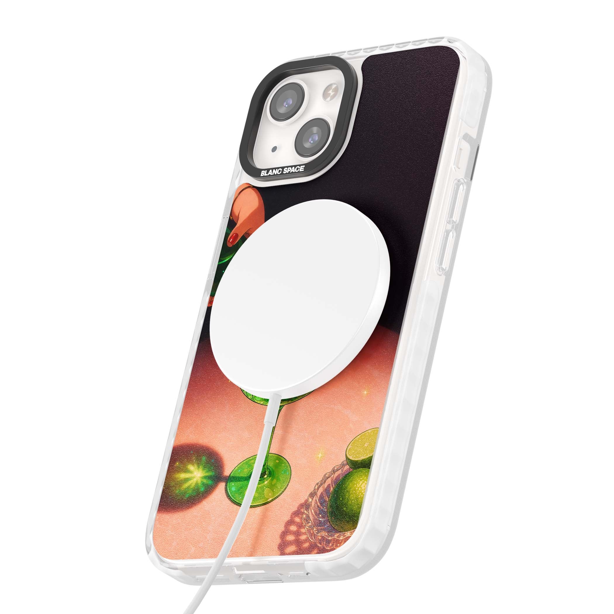 Absinthe Hour cocktail iPhone case featuring a green coupe glass, cherry garnish and vintage bottle pour illustration | Impact Magsafe case for iPhone 13, iPhone 14, iPhone 15