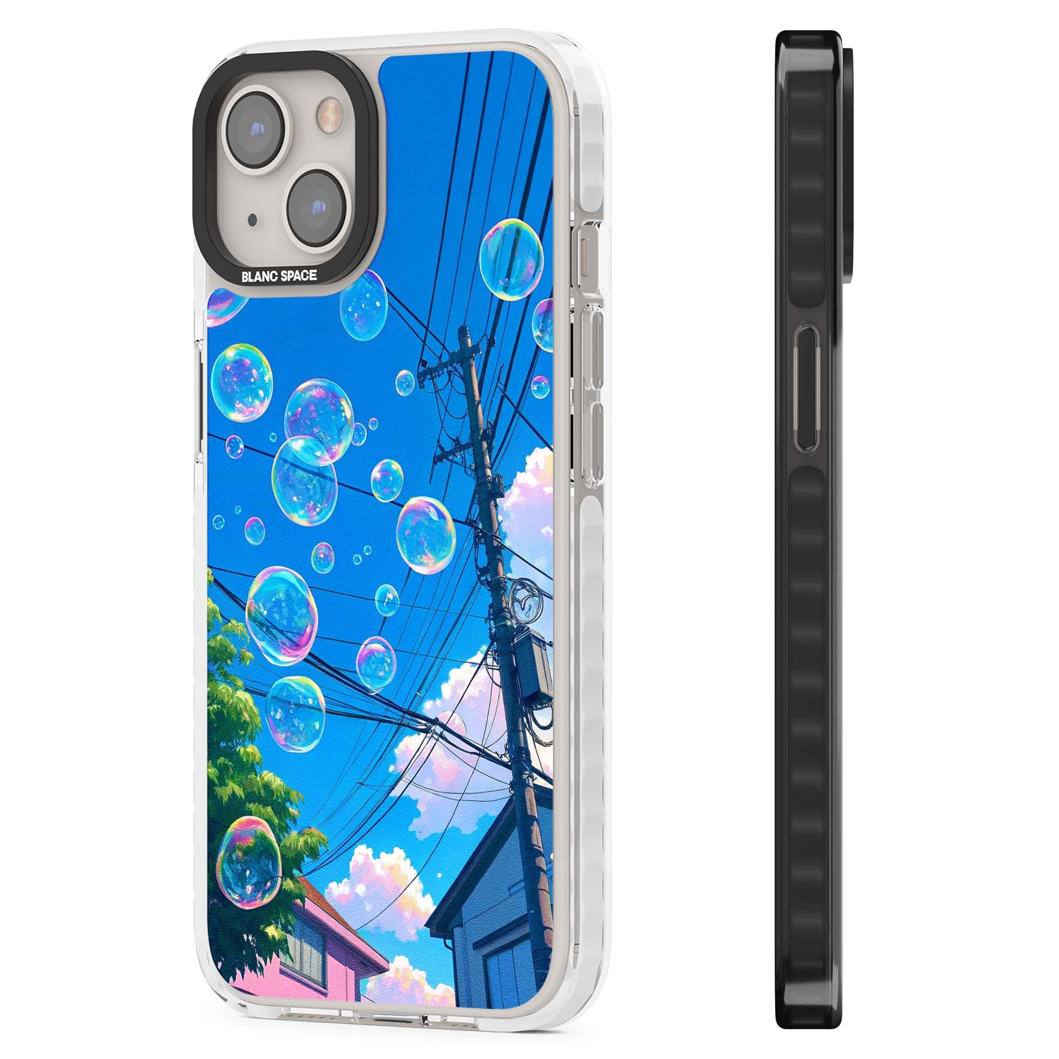 Suburban Bubbles anime iPhone case featuring iridescent soap bubbles, blue sky and Japanese telephone wires | Impact Magsafe case for iPhone 13, iPhone 14, iPhone 15