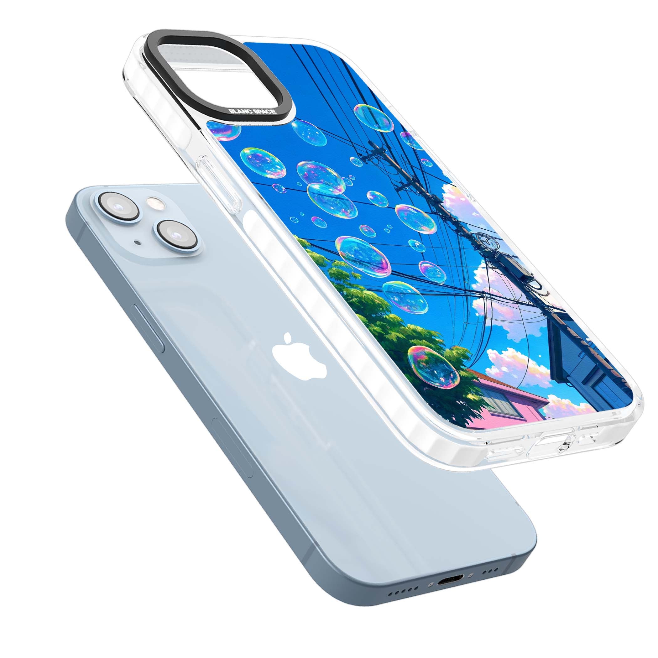 Suburban Bubbles anime iPhone case featuring iridescent soap bubbles, blue sky and Japanese telephone wires | Impact Magsafe case for iPhone 13, iPhone 14, iPhone 15