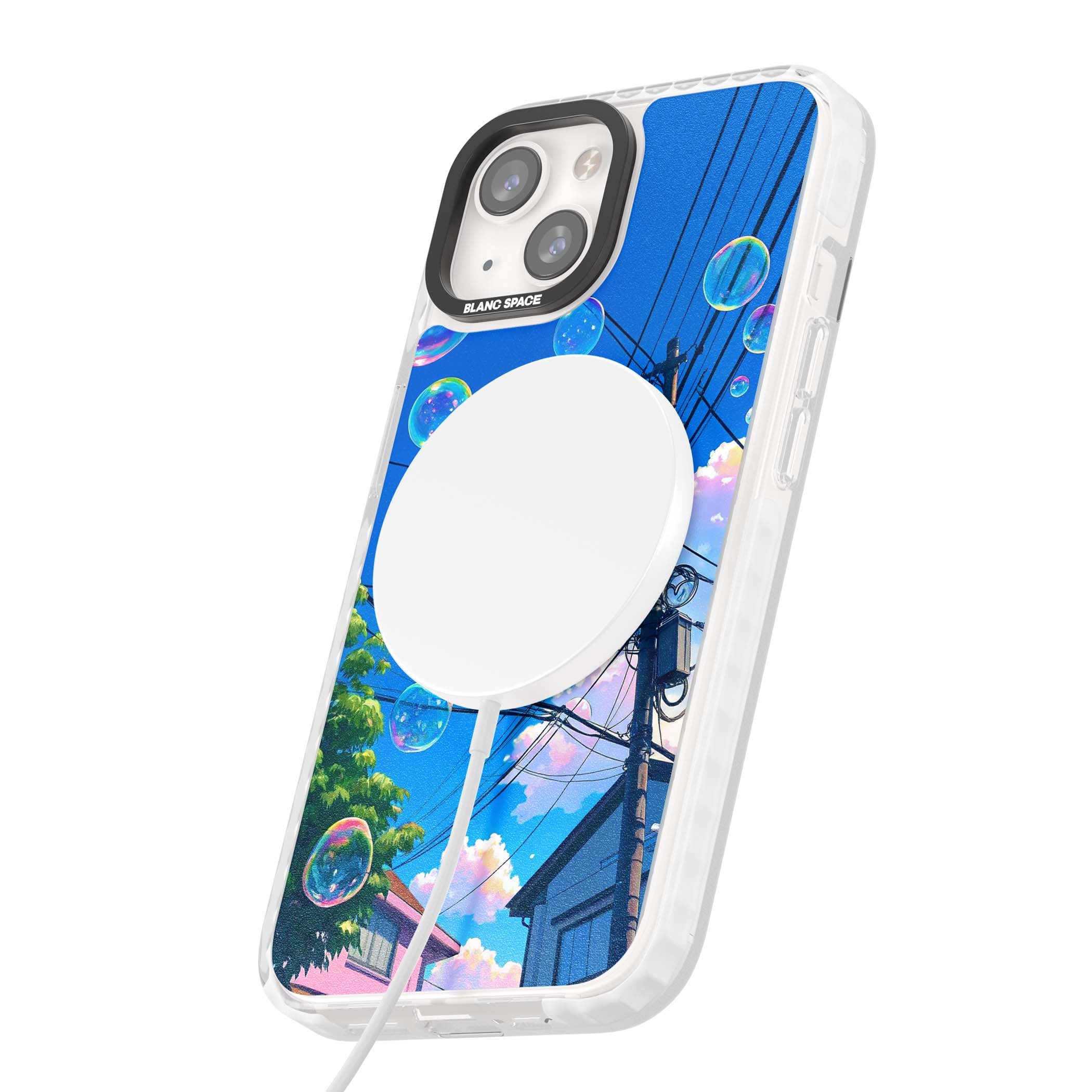 Suburban Bubbles anime iPhone case featuring iridescent soap bubbles, blue sky and Japanese telephone wires | Impact Magsafe case for iPhone 13, iPhone 14, iPhone 15