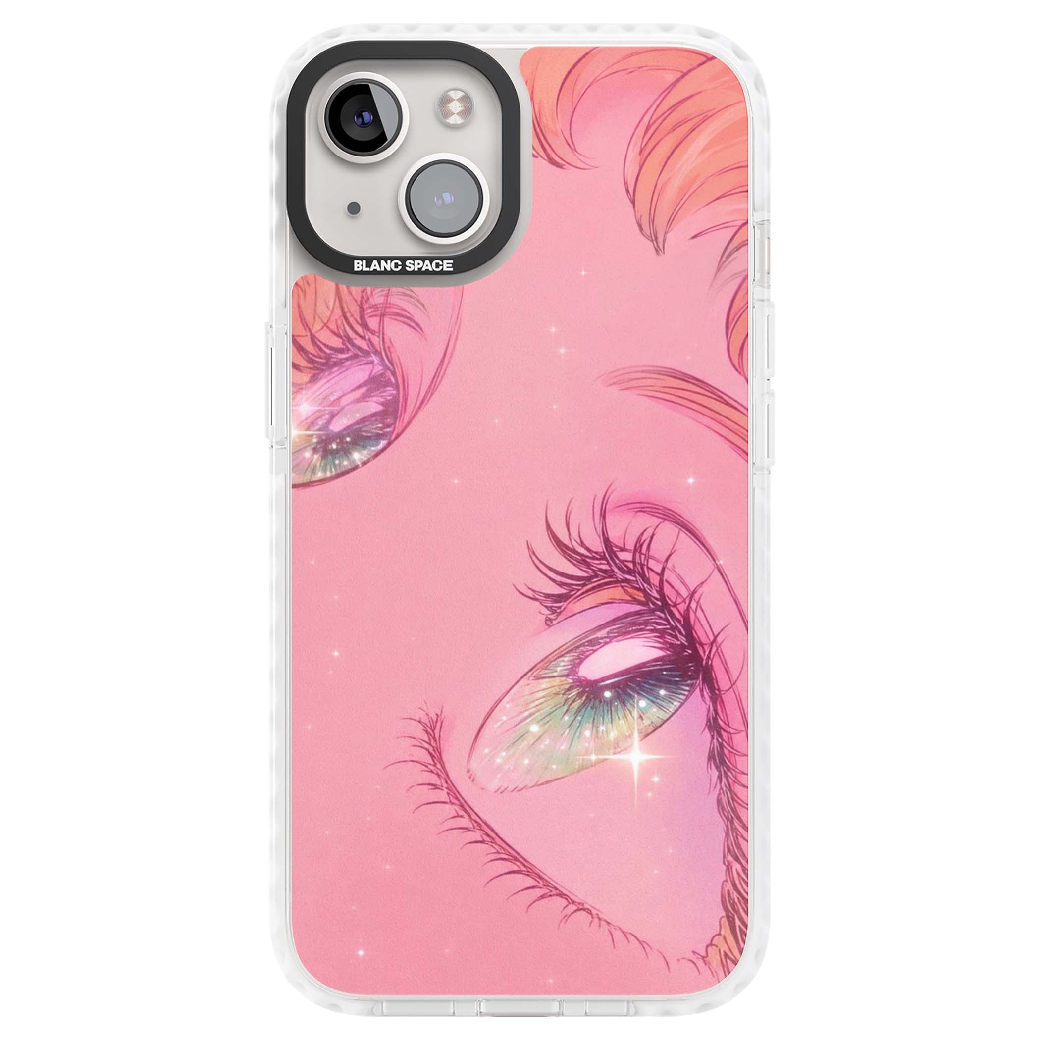 Pink Ethereal Gaze anime iPhone case featuring sparkling manga eyes, coral lashes and dreamy peach sky | Impact Magsafe case for iPhone 13, iPhone 14, iPhone 15