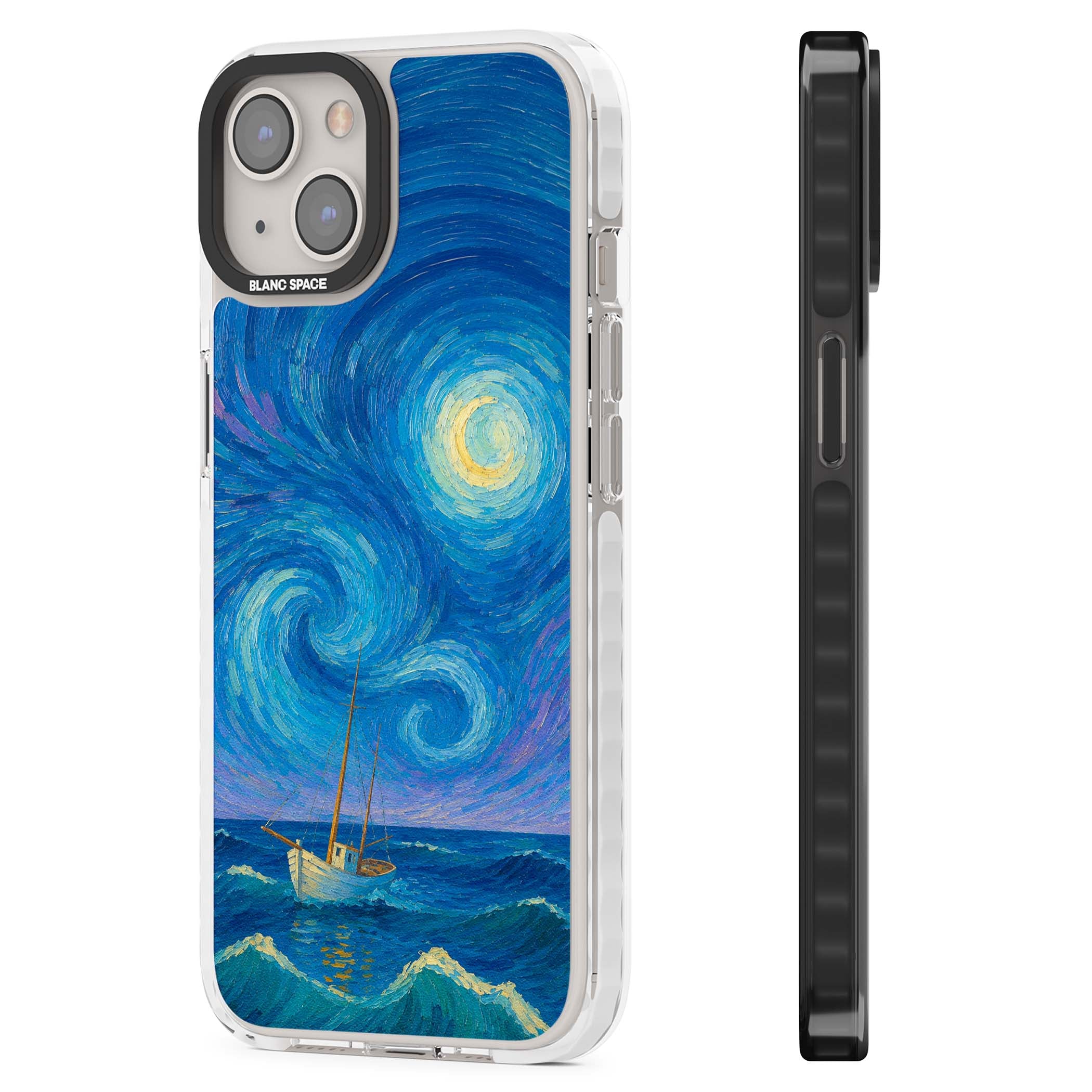 Moonlit Tide Van Gogh art iPhone case featuring swirling starry night sky, glowing moon and lone sailing boat at sea | Impact Magsafe case for iPhone 13, iPhone 14, iPhone 15