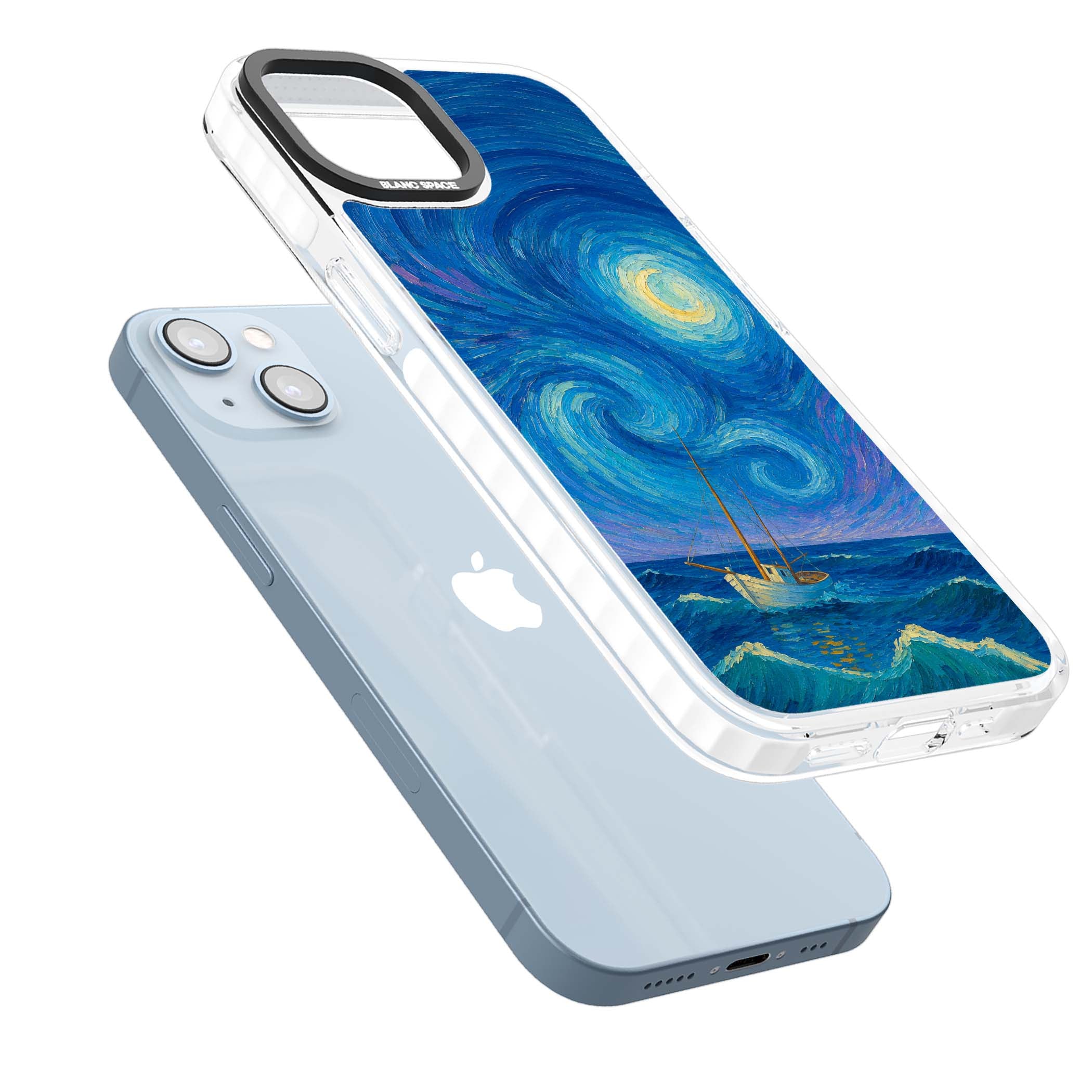 Moonlit Tide Van Gogh art iPhone case featuring swirling starry night sky, glowing moon and lone sailing boat at sea | Impact Magsafe case for iPhone 13, iPhone 14, iPhone 15