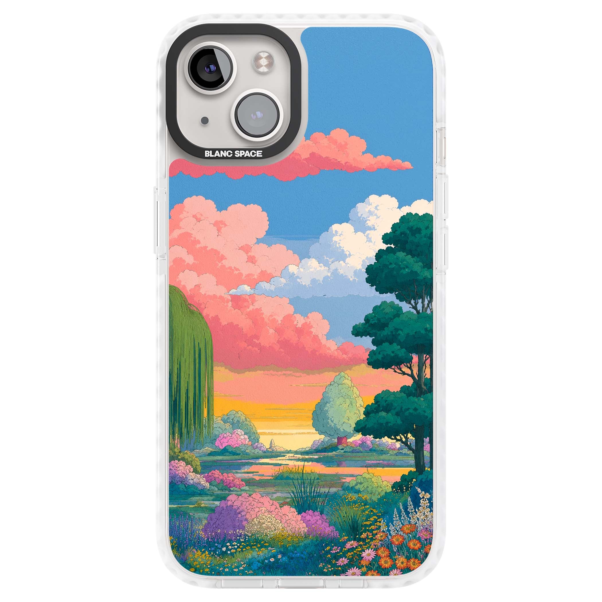 Dream Valley anime landscape iPhone case featuring pink sunset clouds, willow trees and wildflowers | Impact Magsafe case for iPhone 13, iPhone 14, iPhone 15