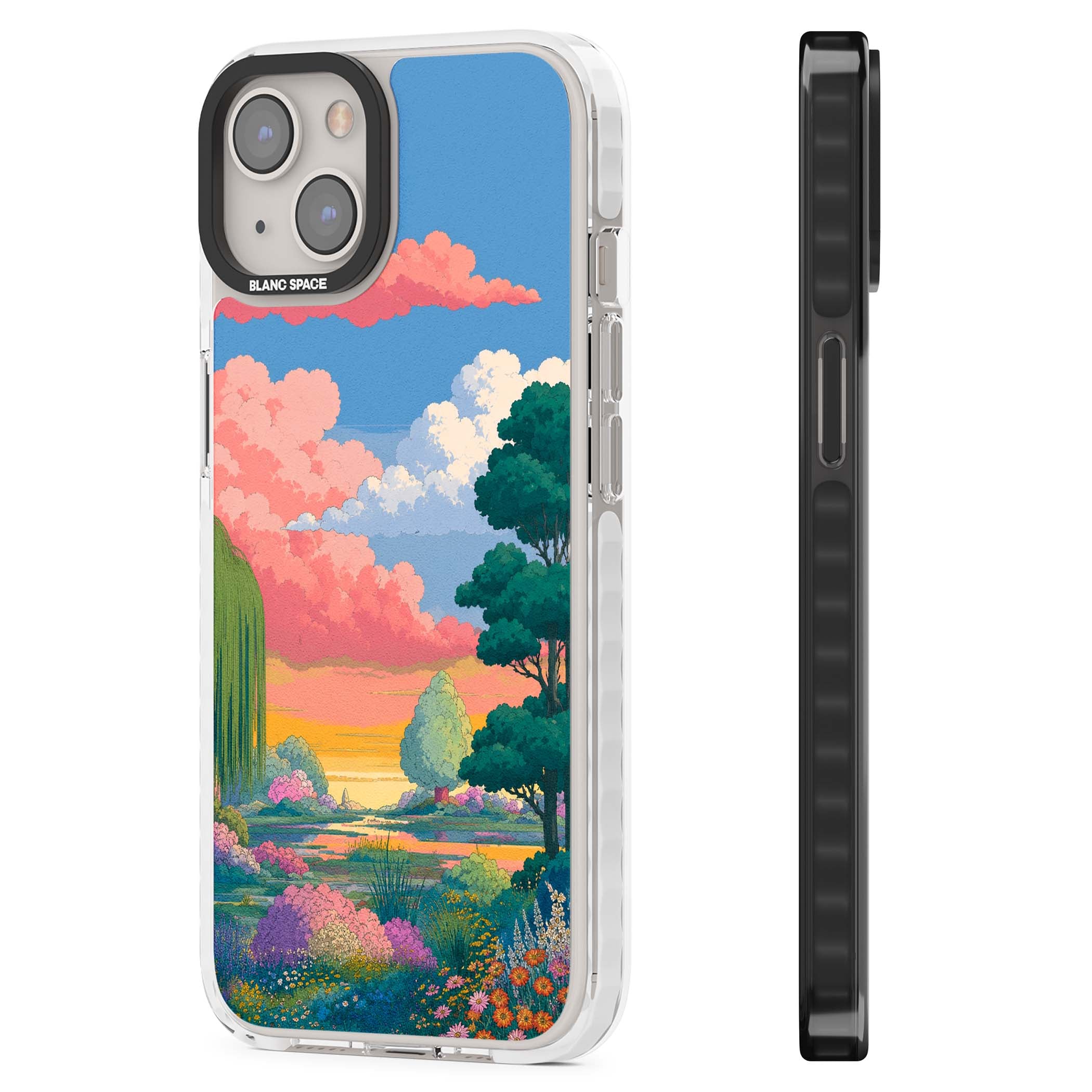 Dream Valley anime landscape iPhone case featuring pink sunset clouds, willow trees and wildflowers | Impact Magsafe case for iPhone 13, iPhone 14, iPhone 15
