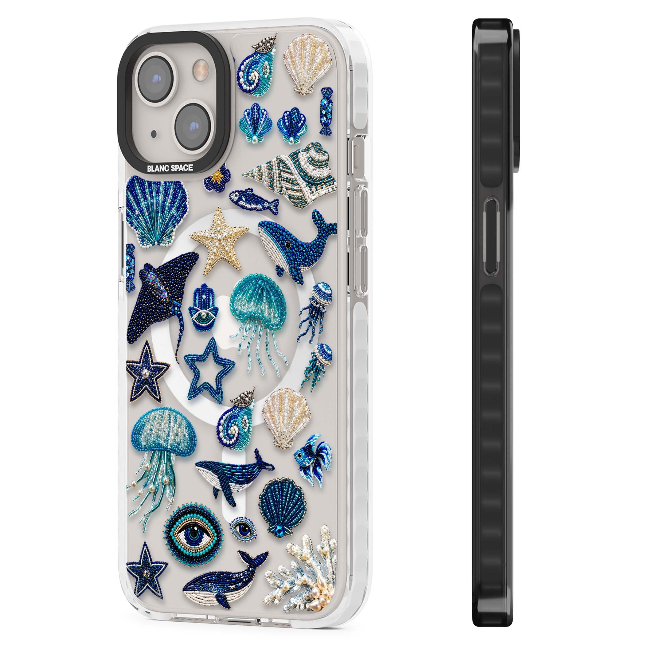 Beaded Coastal coastal iPhone case featuring embroidered seashells, jellyfish and a blue whale on clear | Impact Magsafe case for iPhone 13, iPhone 14, iPhone 15