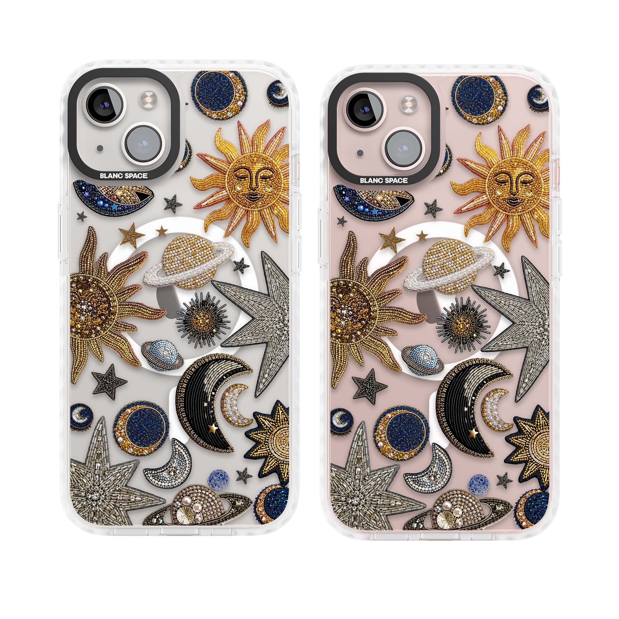Beaded Cosmos celestial iPhone case featuring embroidered golden suns, beaded planets and silver shooting stars | Impact Magsafe case for iPhone 13, iPhone 14, iPhone 15