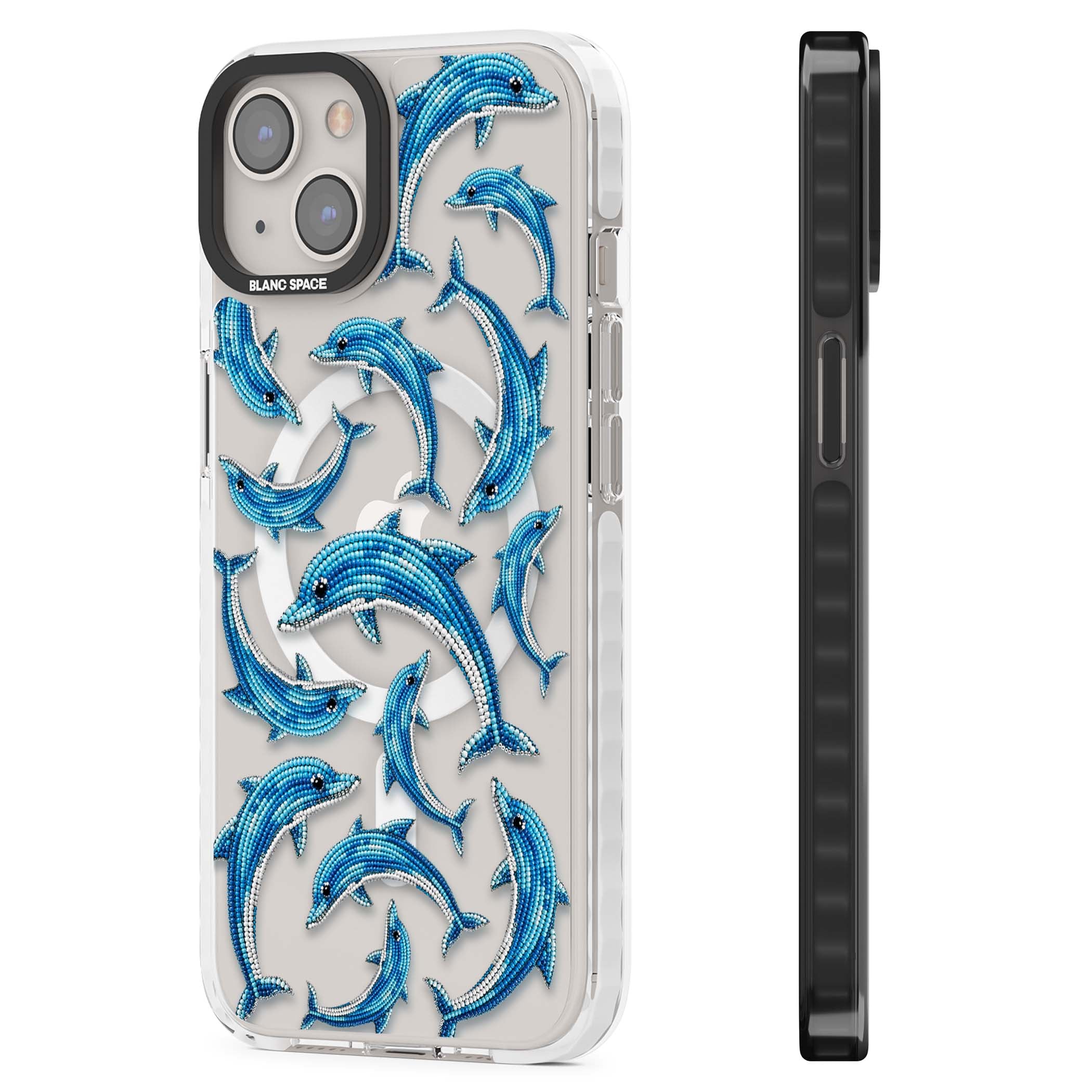 Beaded Dolphins coastal iPhone case featuring beaded dolphins in blue and white swimming across a clear background | Impact Magsafe case for iPhone 13, iPhone 14, iPhone 15