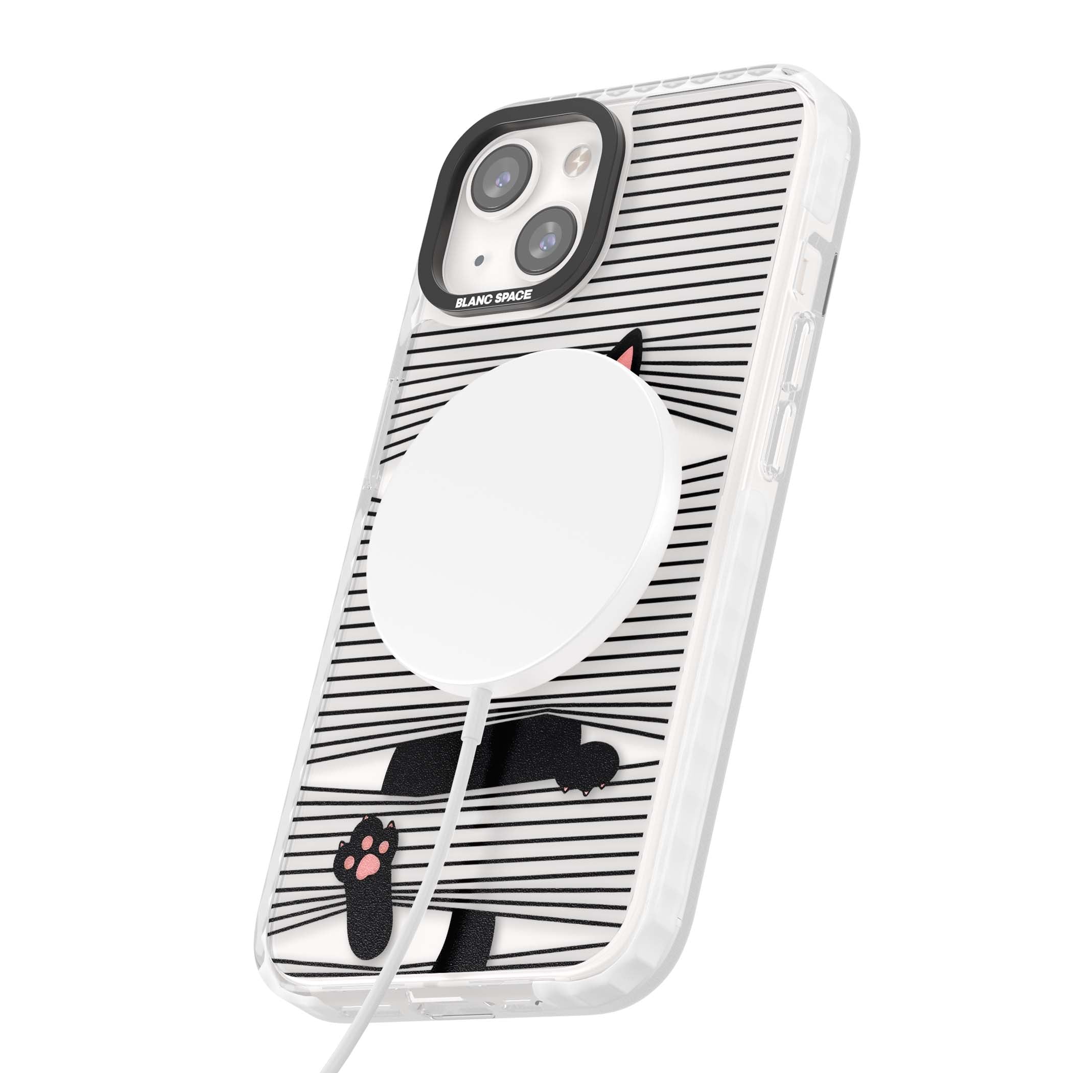 Peek-a-Boo Cat minimal iPhone case featuring black cat peeking through horizontal black and white stripes | Impact Magsafe case for iPhone 13, iPhone 14, iPhone 15