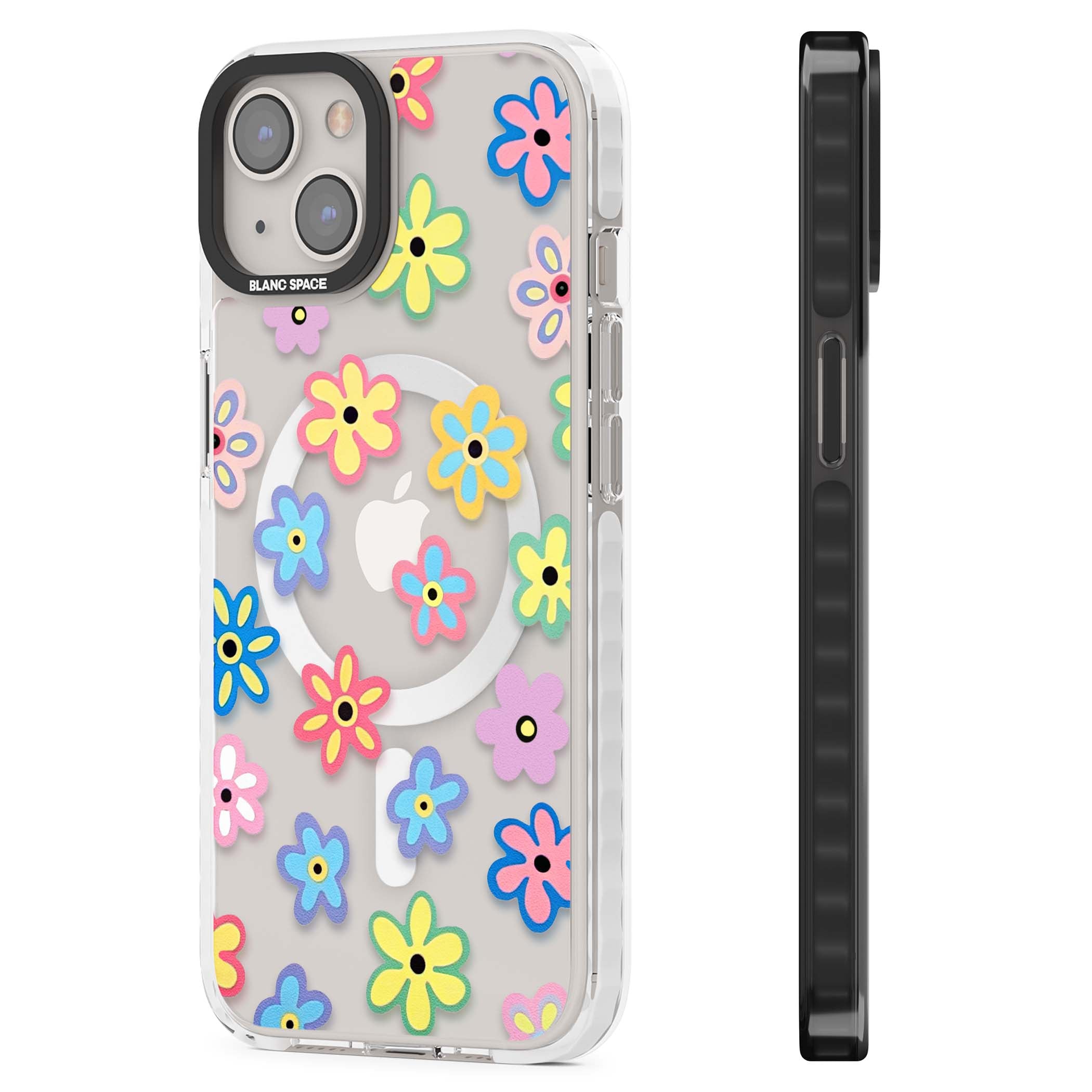 Bloom Pop cottagecore iPhone case featuring multicolor pastel flowers with black centers on clear background | Impact Magsafe case for iPhone 13, iPhone 14, iPhone 15