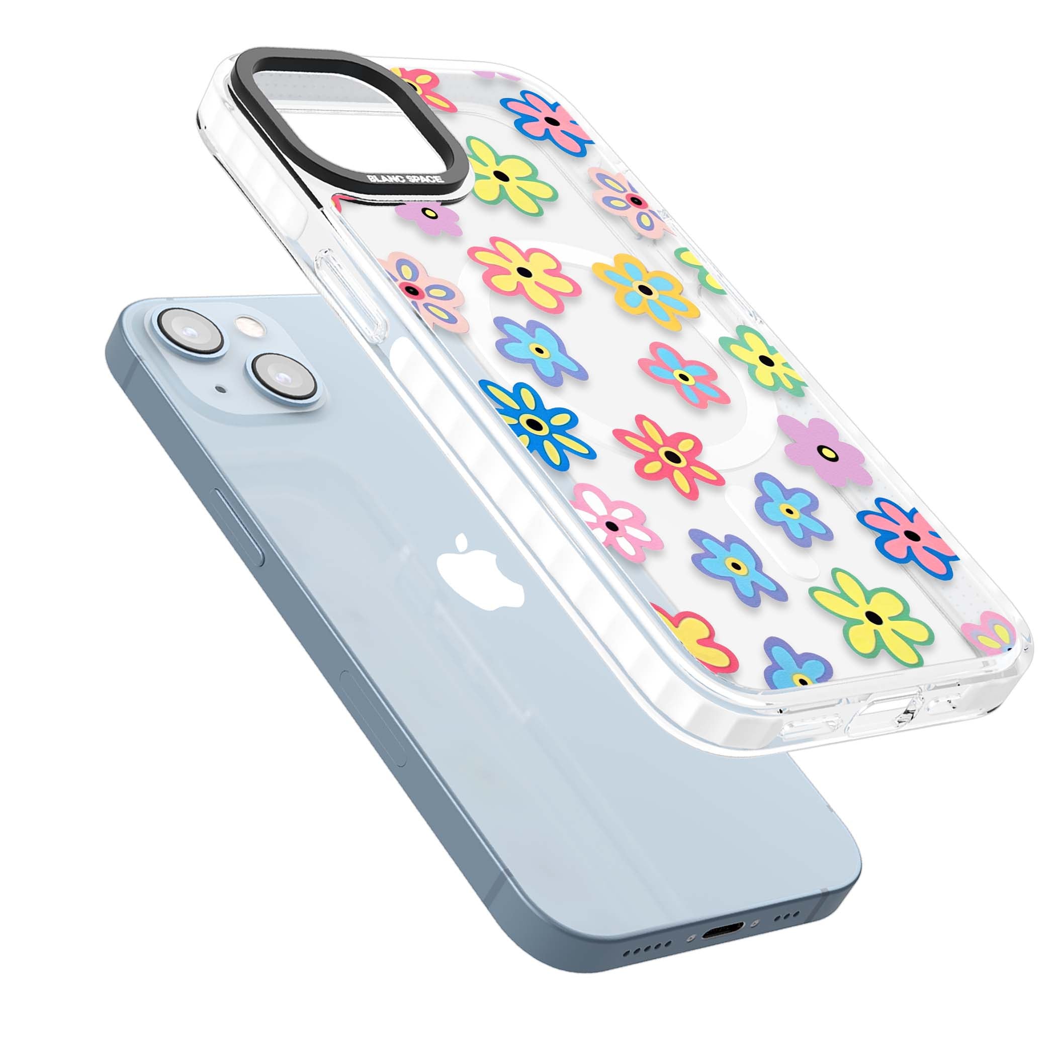 Bloom Pop cottagecore iPhone case featuring multicolor pastel flowers with black centers on clear background | Impact Magsafe case for iPhone 13, iPhone 14, iPhone 15
