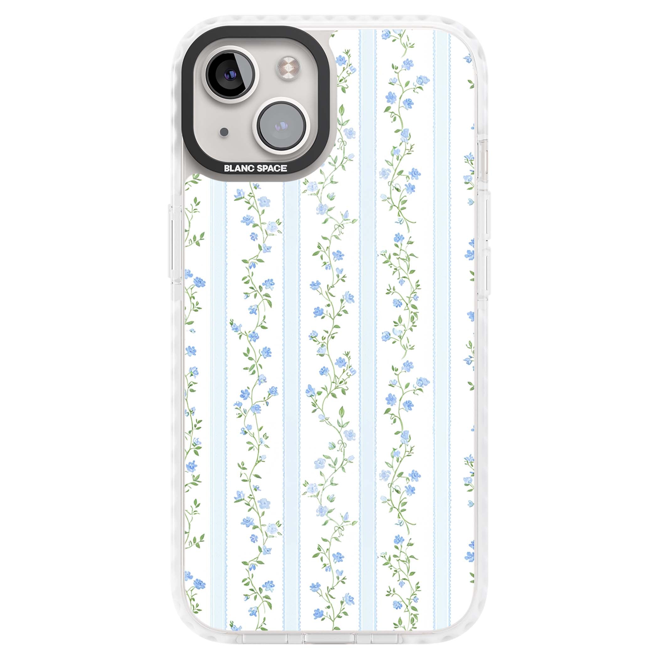 Bluebell Vine cottagecore iPhone case featuring climbing blue roses, trailing green vines, and pale ticking stripes | Impact Magsafe case for iPhone 13, iPhone 14, iPhone 15