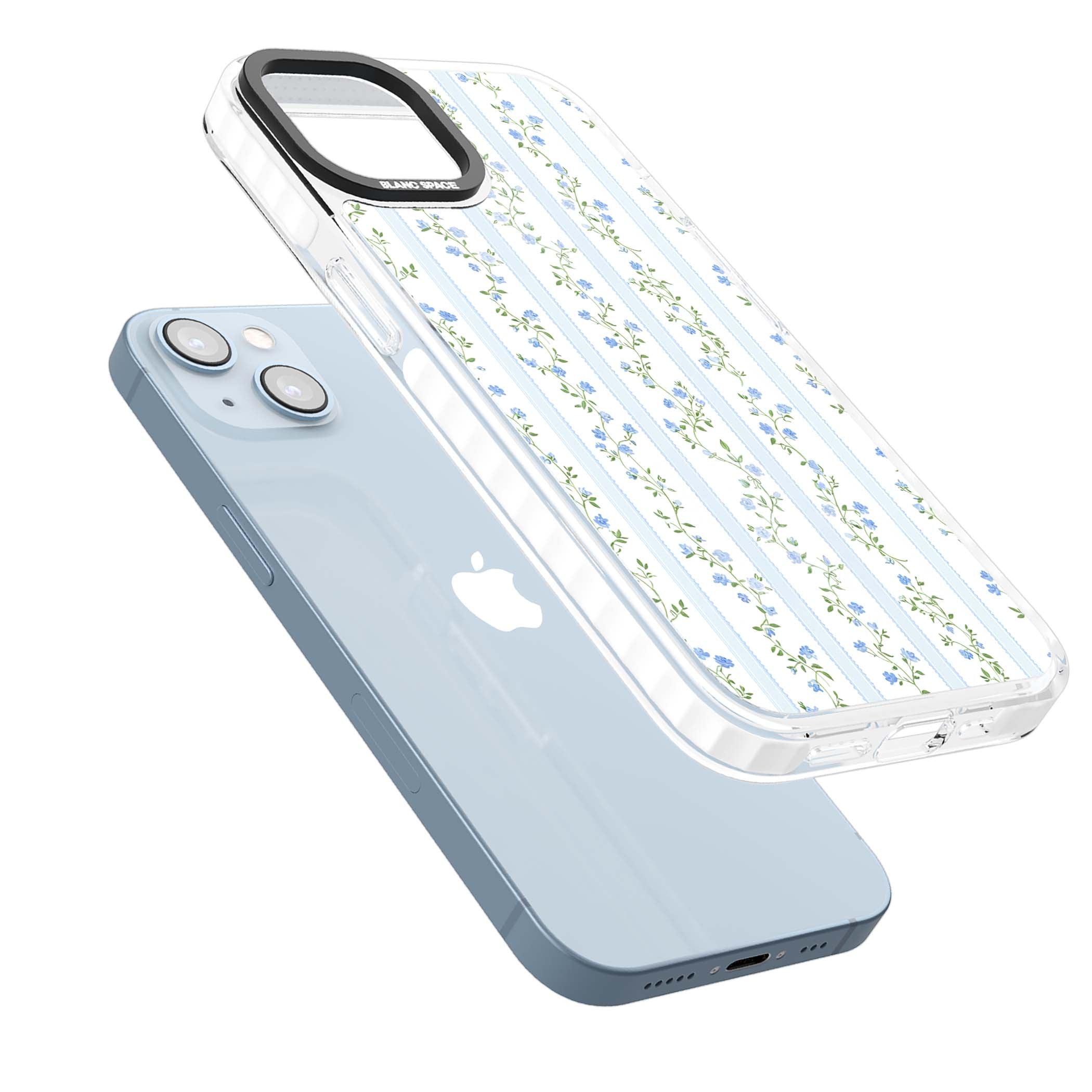 Bluebell Vine cottagecore iPhone case featuring climbing blue roses, trailing green vines, and pale ticking stripes | Impact Magsafe case for iPhone 13, iPhone 14, iPhone 15