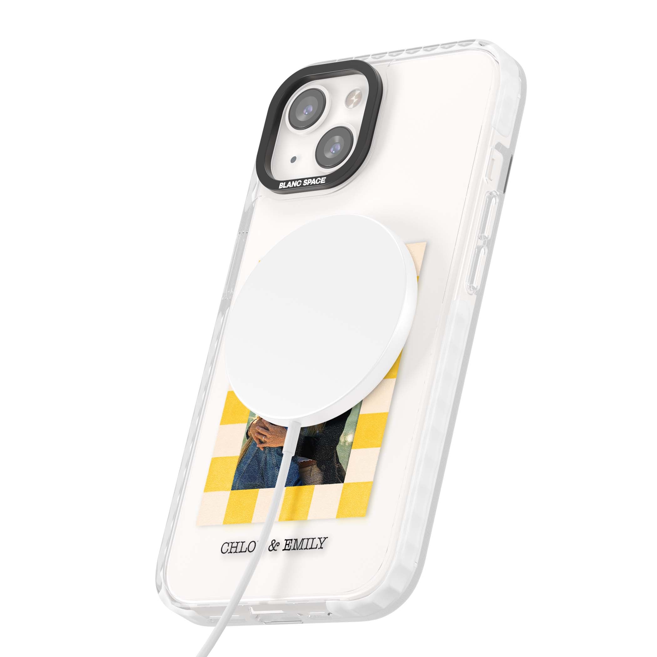 Yellow Check Photo personalised iPhone case with yellow checkered Polaroid frame and custom names beneath | Impact Magsafe case for iPhone 13, iPhone 14, iPhone 15