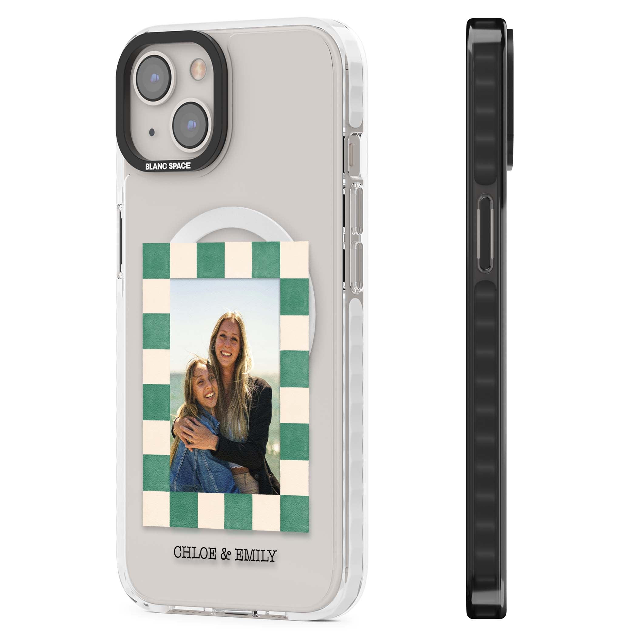 Seafoam Check Photo personalised iPhone case featuring a custom polaroid photo, green and cream checkered frame, and custom n | Impact Magsafe case for iPhone 13, iPhone 14, iPhone 15