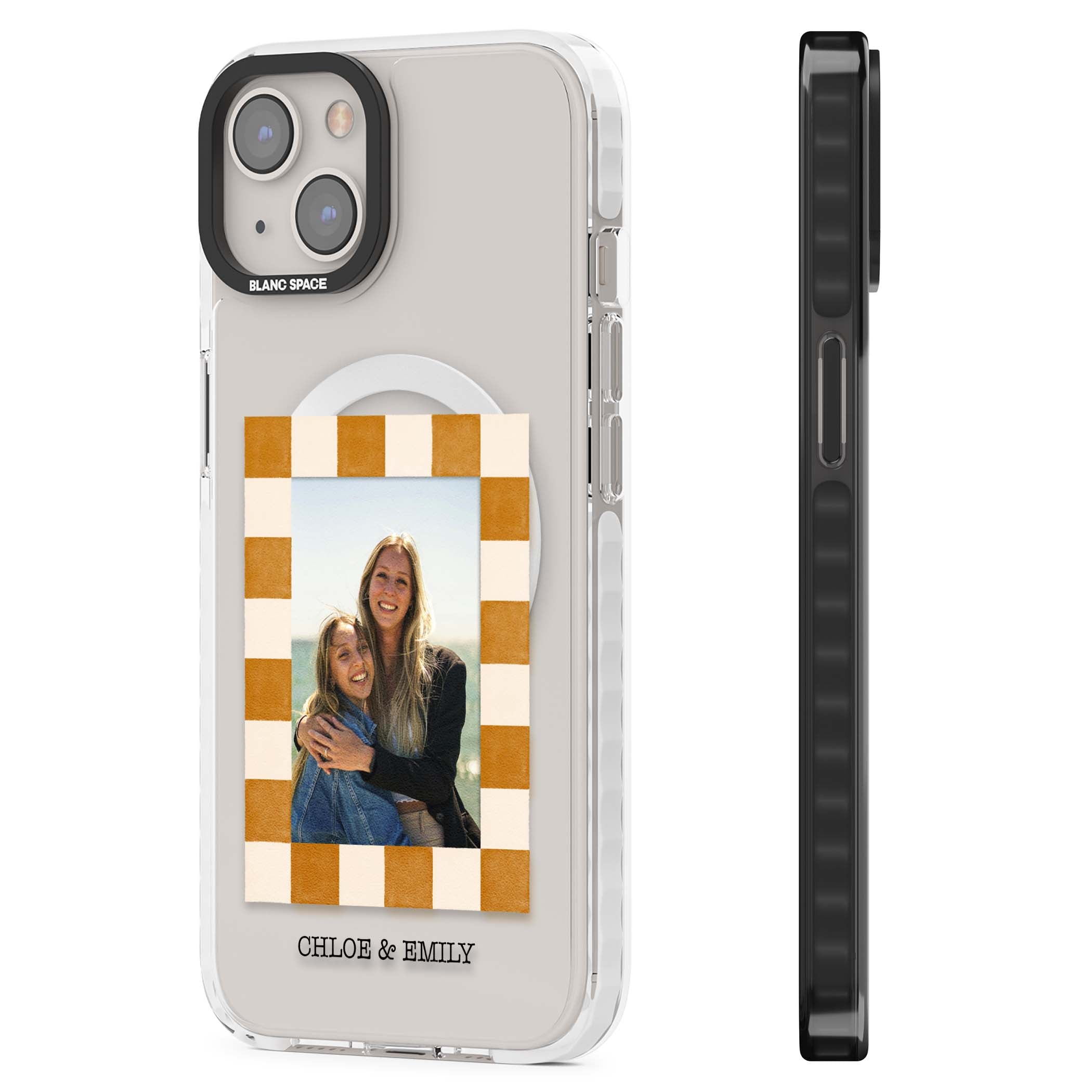 Citrus Check Photo personalised iPhone case with custom photo, orange checkered frame and names underneath | Impact Magsafe case for iPhone 13, iPhone 14, iPhone 15