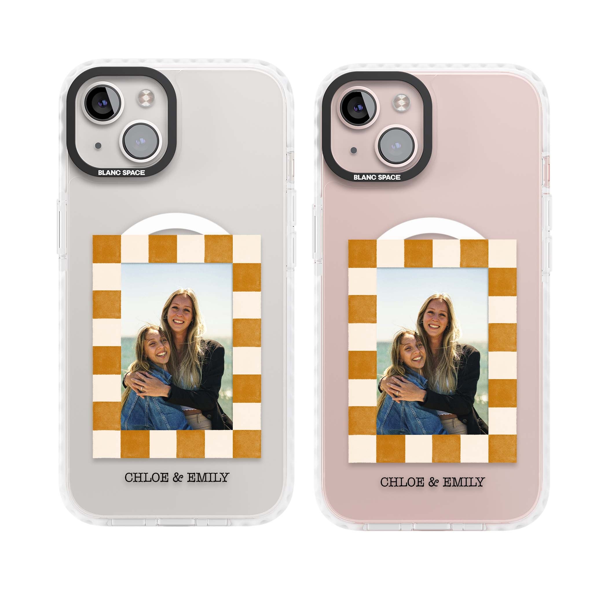 Citrus Check Photo personalised iPhone case with custom photo, orange checkered frame and names underneath | Impact Magsafe case for iPhone 13, iPhone 14, iPhone 15