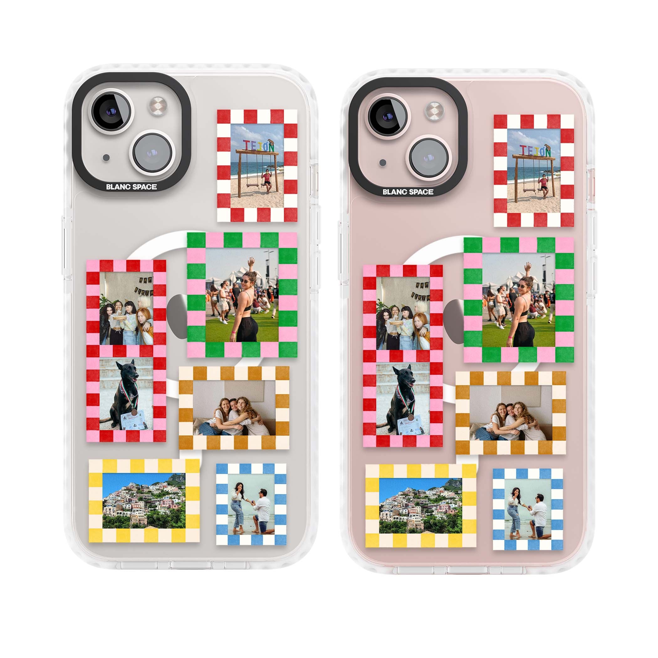 Italian Check Frames custom photo collage iPhone case featuring six checkered photo frames in red, green, pink and  | Impact Magsafe case for iPhone 13, iPhone 14, iPhone 15