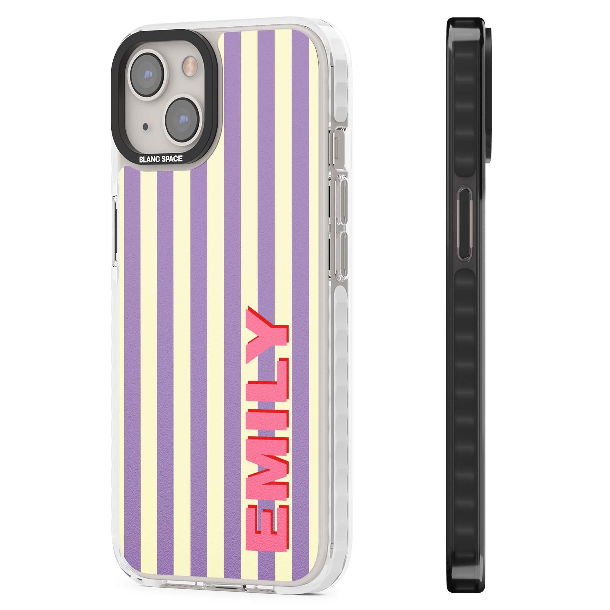 Valensole Stripe personalised iPhone case with purple and cream vertical stripes and pink custom name | Impact Magsafe case for iPhone 13, iPhone 14, iPhone 15