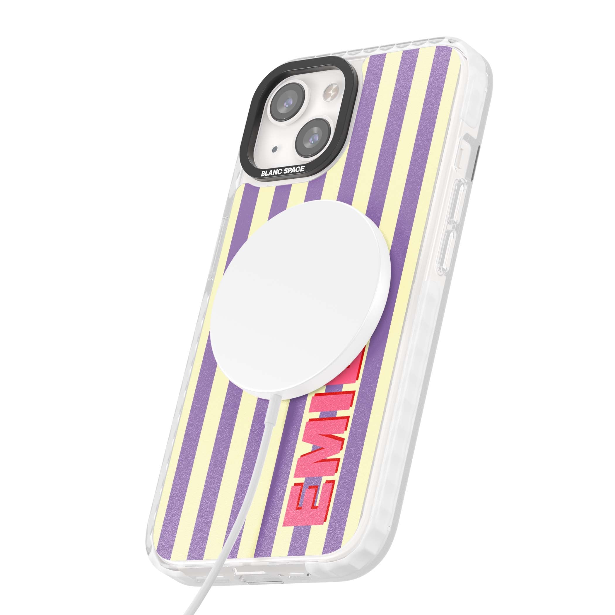 Valensole Stripe personalised iPhone case with purple and cream vertical stripes and pink custom name | Impact Magsafe case for iPhone 13, iPhone 14, iPhone 15