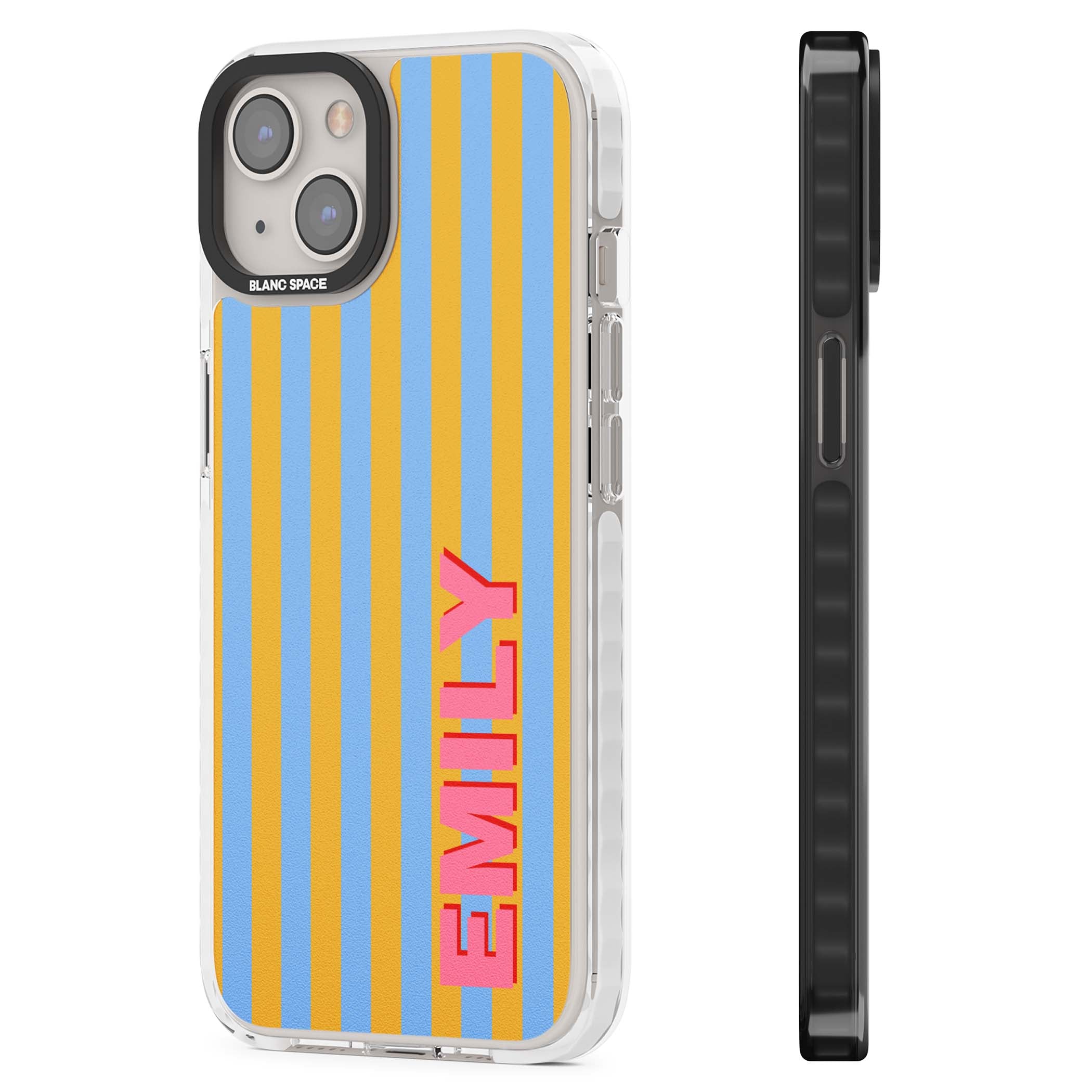 Carribean Stripe personalised coastal iPhone case with yellow and blue vertical stripes and a custom pink name | Impact Magsafe case for iPhone 13, iPhone 14, iPhone 15